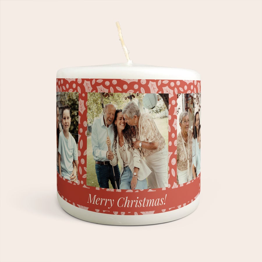 Lumânare - 9 x 10 cm Lumânare personalizată albă imprimată cu fotografii de familie și textul Merry Christmas