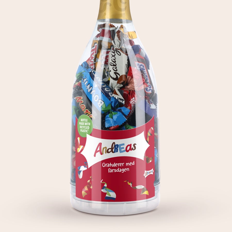 Celebrations Gaveeske Celebrations sjampanjeflaske, personliggjort med navnet Andreas og teksten Gratulerer med farsdagen.