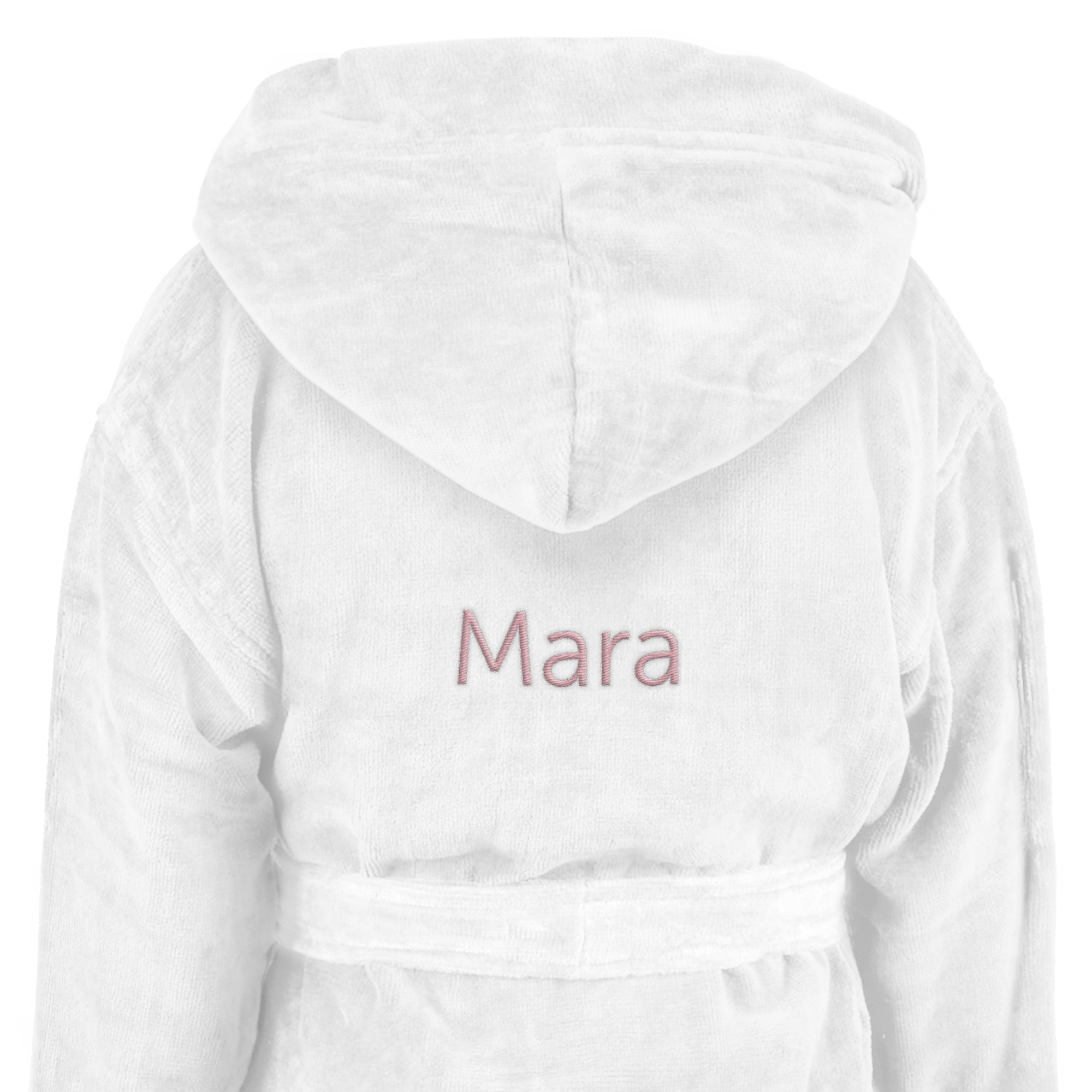 Weißer Kinderbademantel mit Kapuze und gesticktem Namen Mara in Rosa, personalisierter Bademantel für Kinder