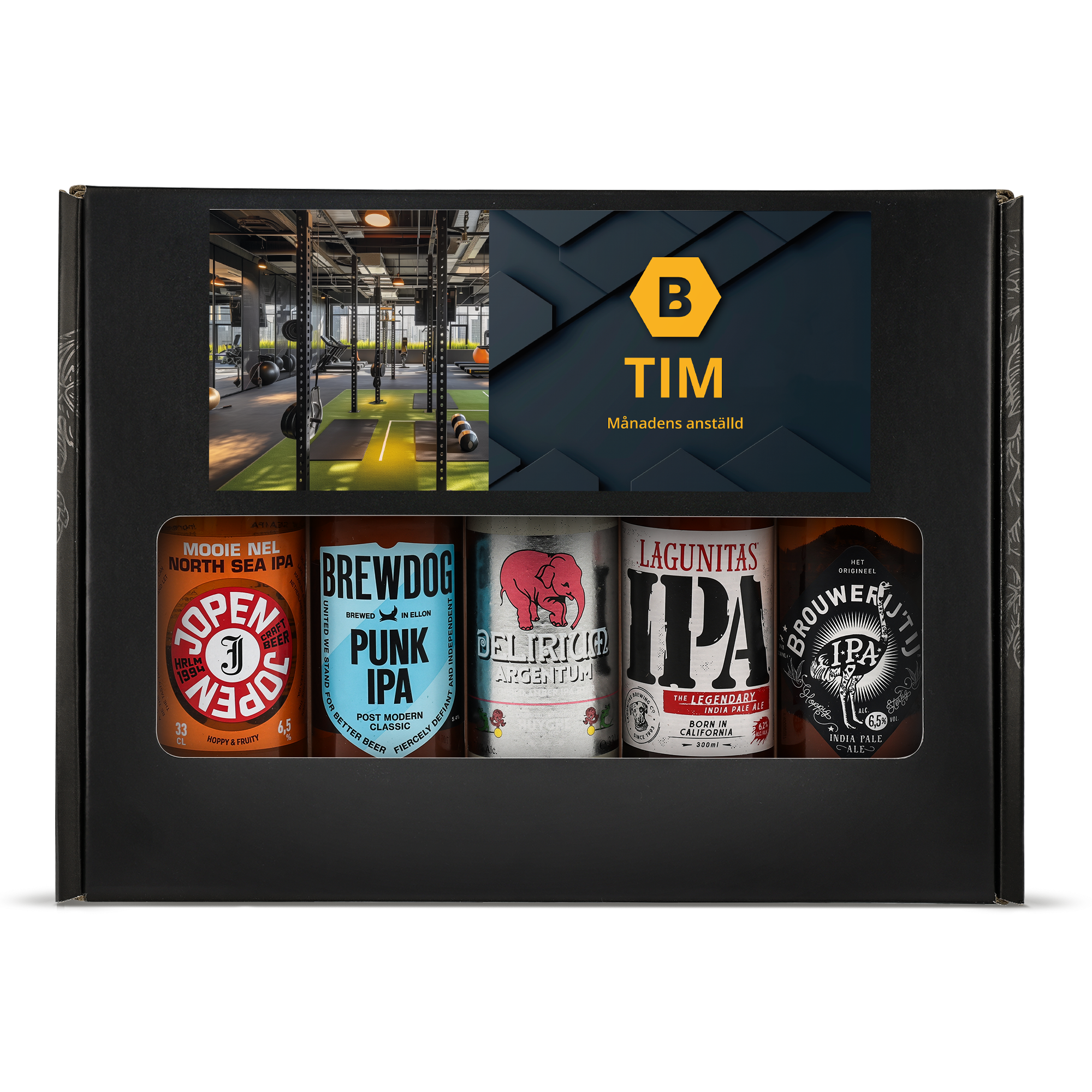 Personligt Ölpresentset - IPA med fem ölsorter, gymbild och Tim Månadens anställd tryckt på locket.