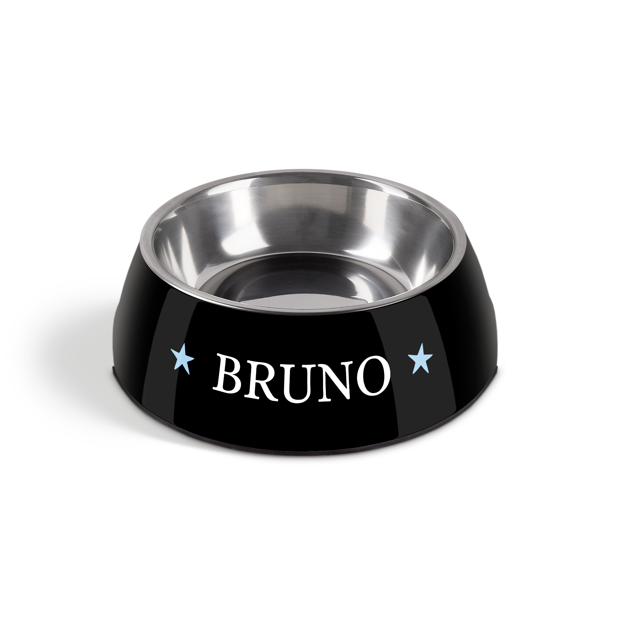Personalisierter Hundenapf - Schwarz - 350ml mit dem Namen BRUNO und zwei blauen Sternen bedruckt