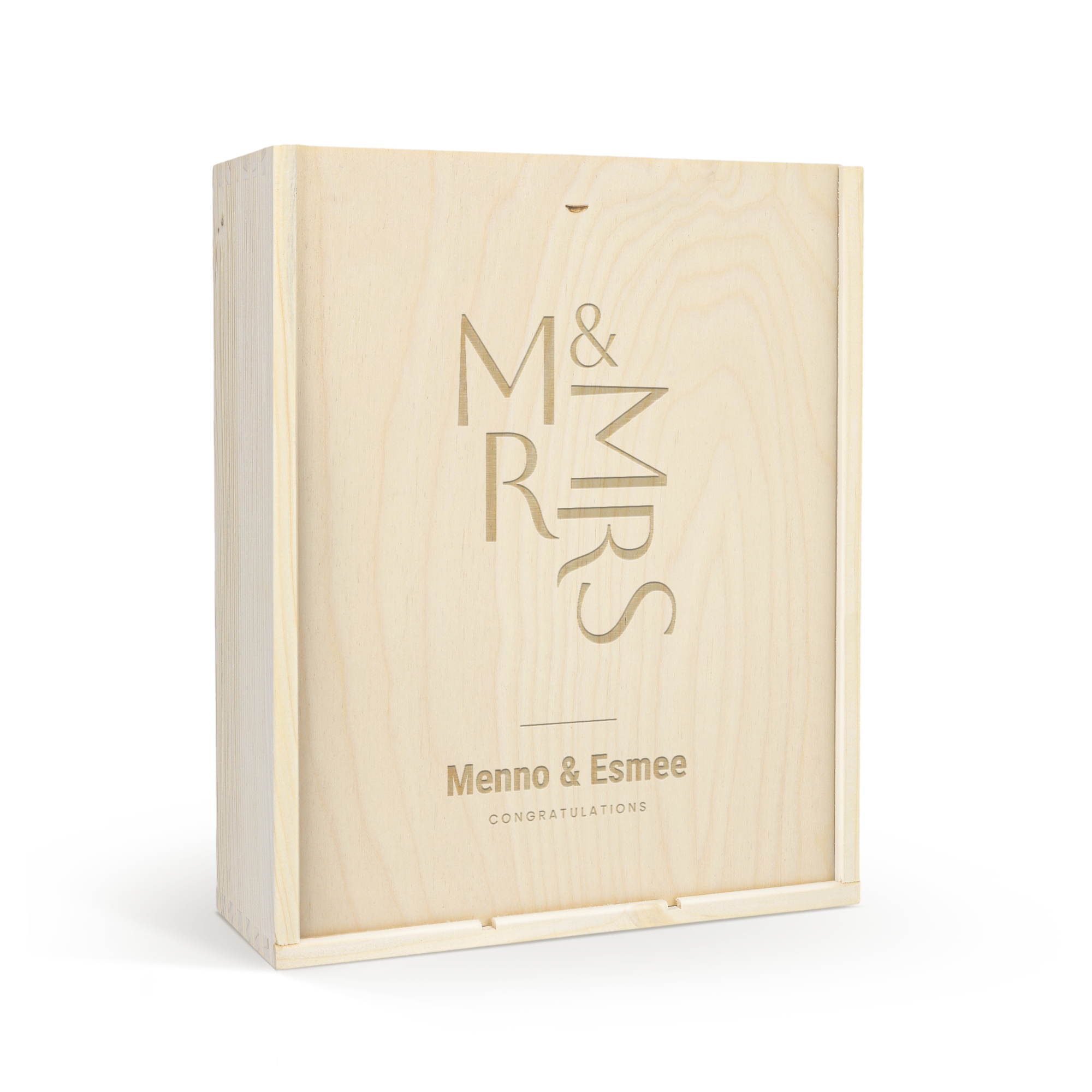 Presente de vinho de luxo com tampa entalhada "M & MRS", "Menno & Esmee", e "CONGRATULATIONS" para surpreender alguém