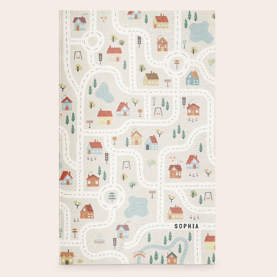 Printed Play Mat Personalized play mat printed with a town map, houses, trees, and the name Sophia