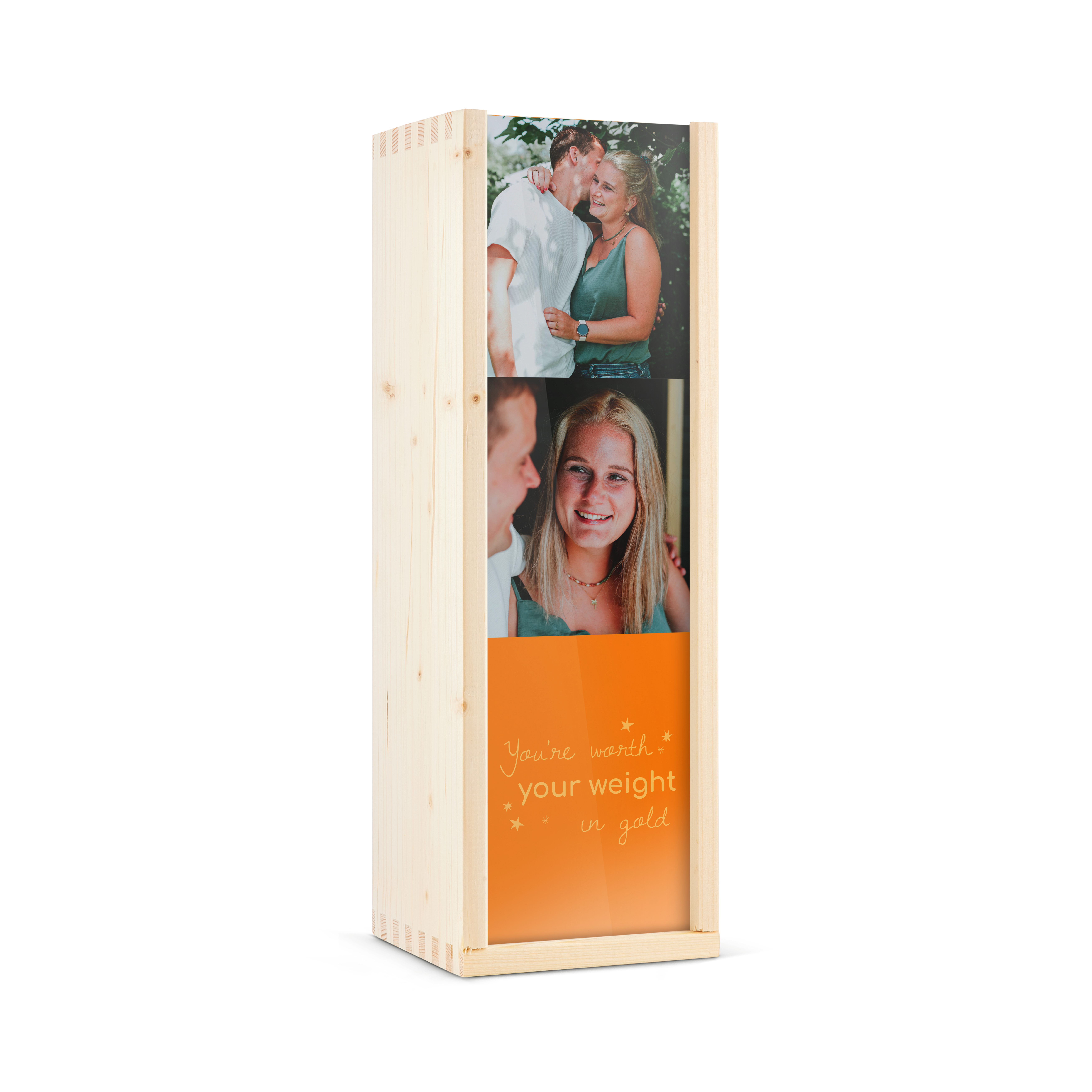 Estuche de madera para whisky Glen Talloch personalizado con fotos y un diseño en naranja con texto impreso.