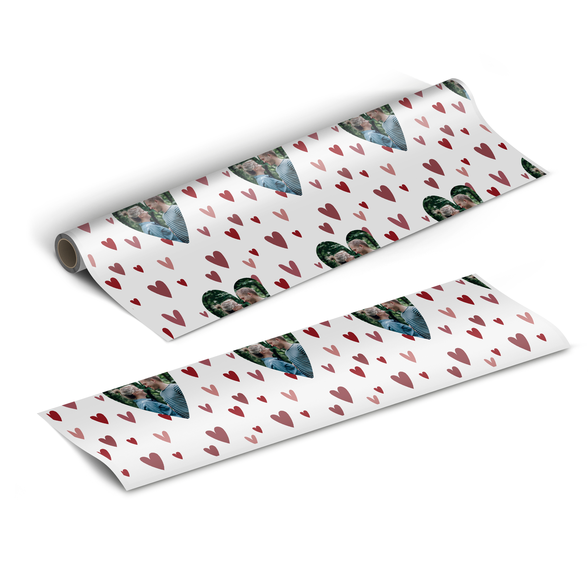 Personalized wrapping paper printed with a photo inside heart shapes and red hearts