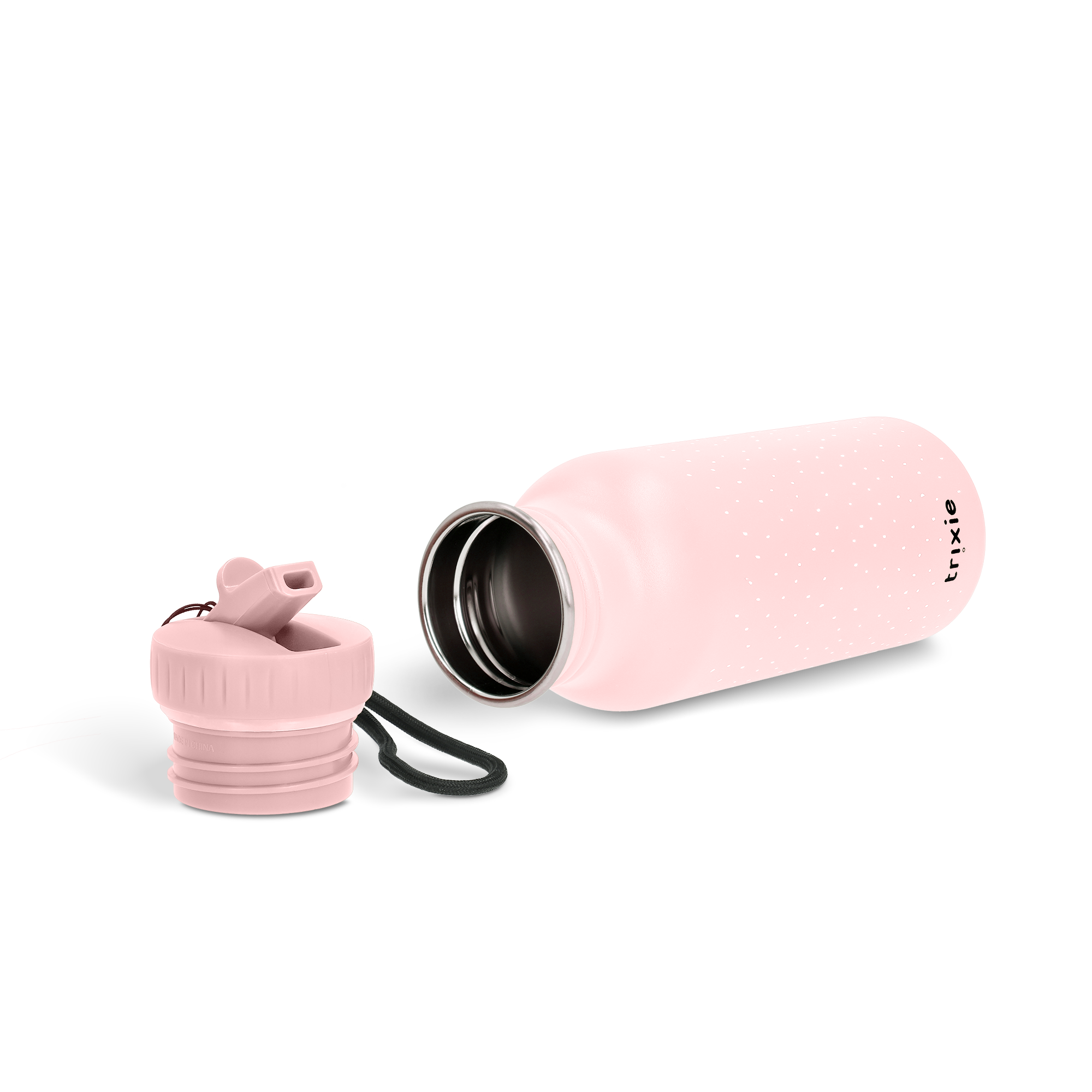 Roze Trixie drinkfles met witte spikkels en gegraveerde naam, met losse roze drinkdop.