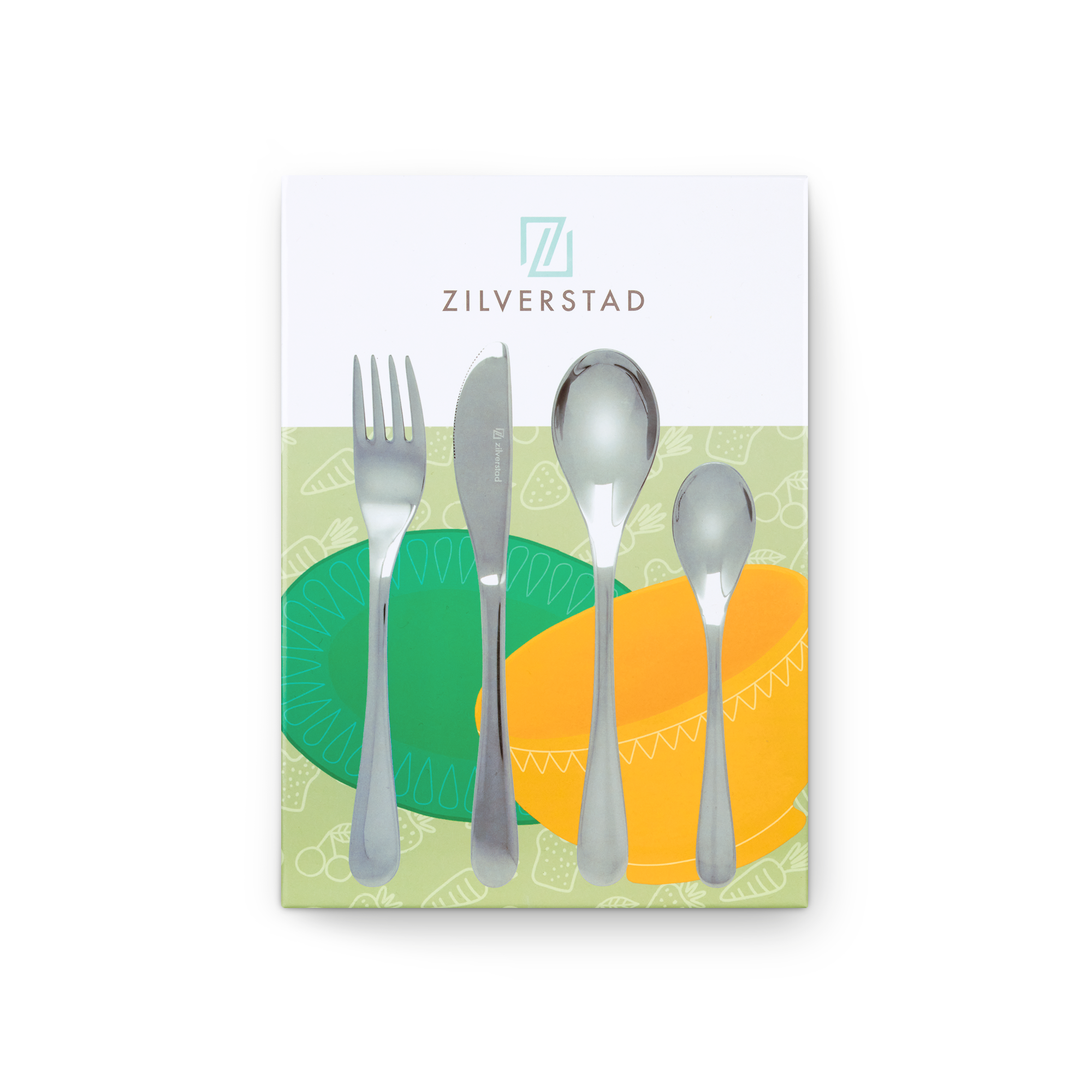 A shiny personalized children's engraved cutlery set with a fork, knife, spoon, and dessert spoon in a gift box.