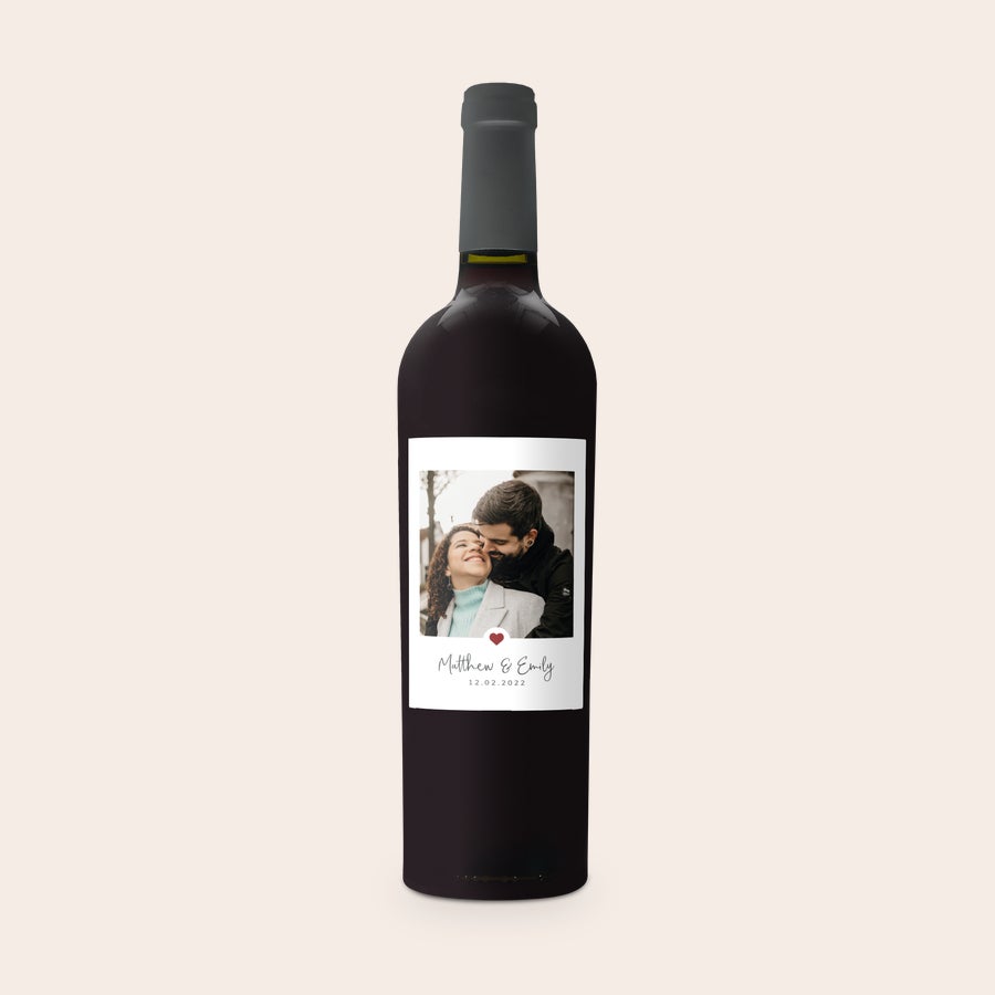 Wine with personalised label - Riondo Merlot Bottle of Riondo Merlot wine with a personalized label, printed with a photo of a couple and names Matthew & Emily