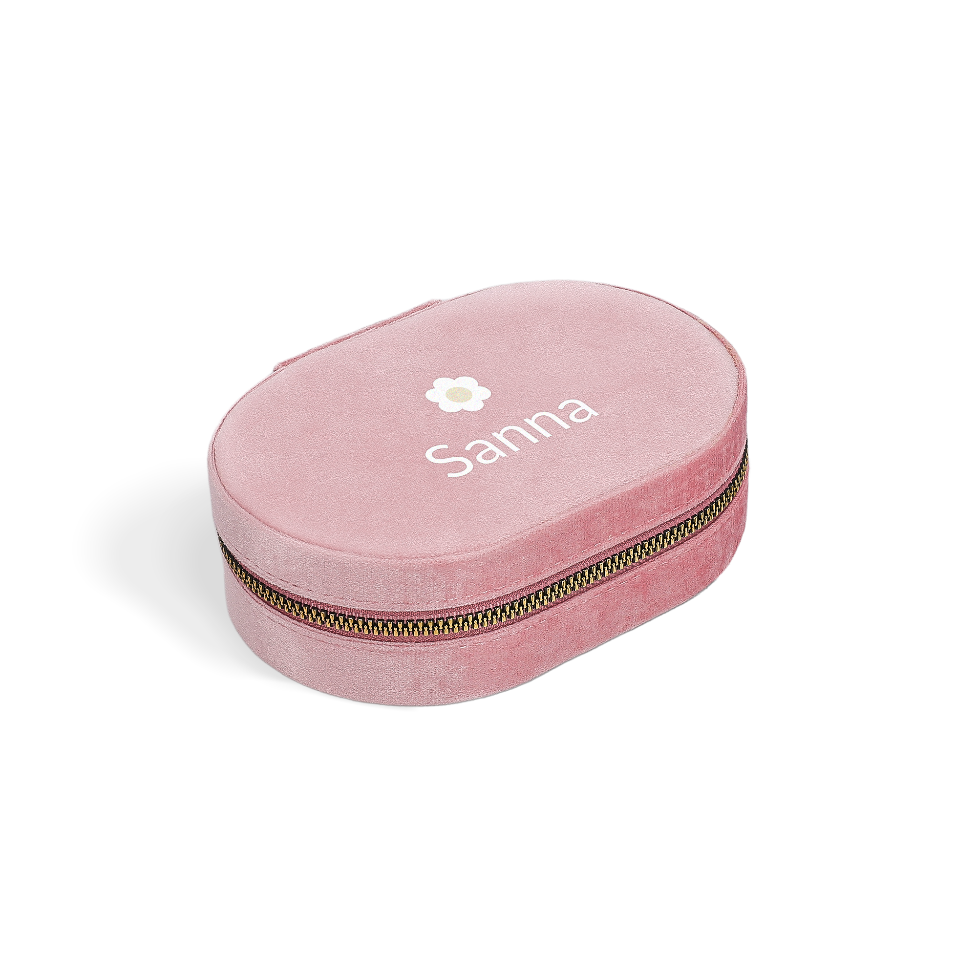 Personligt smyckeskrin - Oval - Rosa med namnet Sanna och en blomma, skapat med tryck.