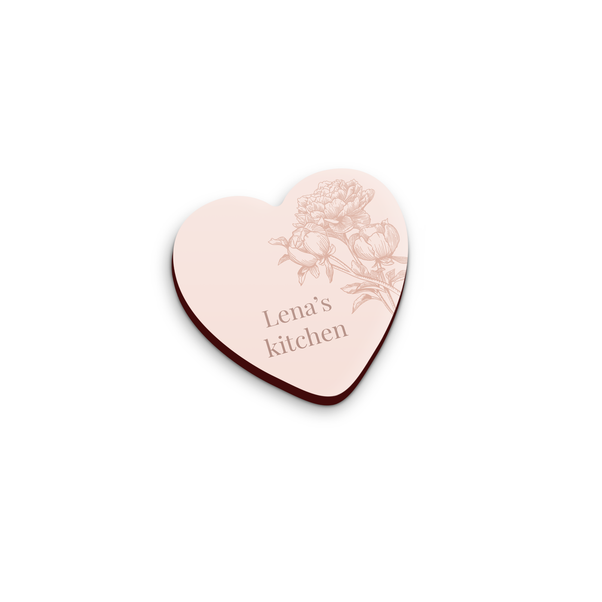 Aimant personnalisé en forme de cœur rose imprimé avec illustration florale et le texte Lenas Kitchen.