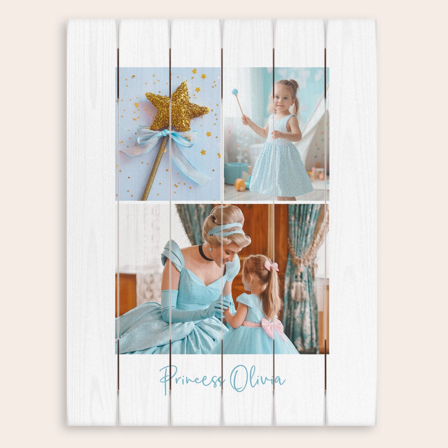 Foto på trä Fotot på träplankor med tre personliga bilder och texten "Princess Olivia" tryckt med en whitewash-finish.