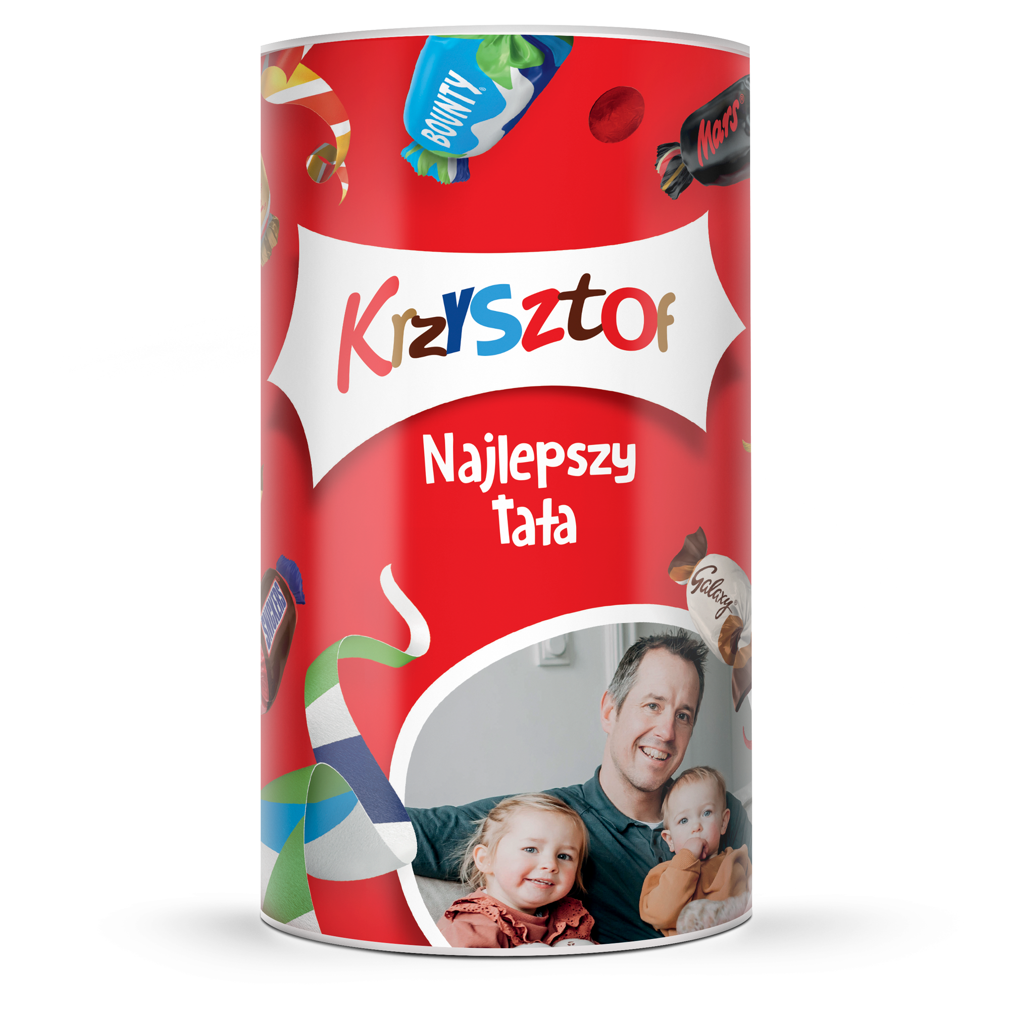Cukierki Celebrations w personalizowanej tubie z wydrukowanym zdjęciem, imieniem Krzysztof i napisem Najlepszy Tata.