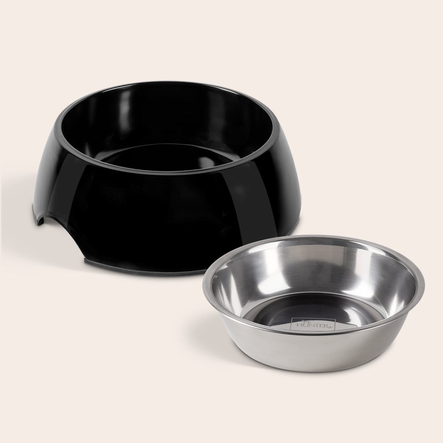 Castron pentru hrănirea câinilor Bol personalizat pentru hrana cainilor, din melamina neagra cu bol interior detasabil din inox