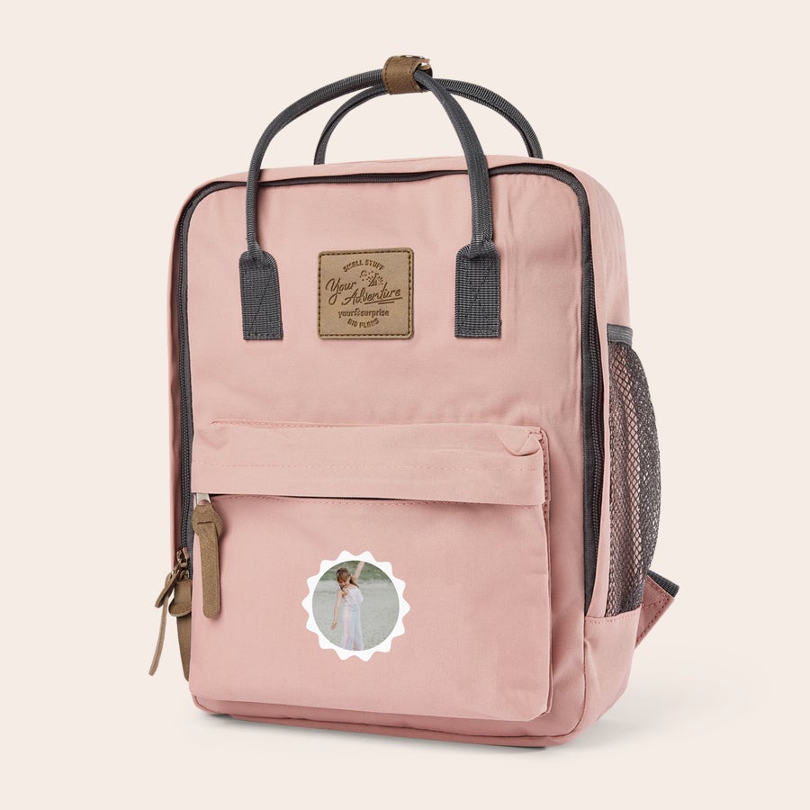 Personlig ryggsäckar Rosa ryggsäck för barn med tryckt eget foto i en cool anpassad barns ryggsäck.