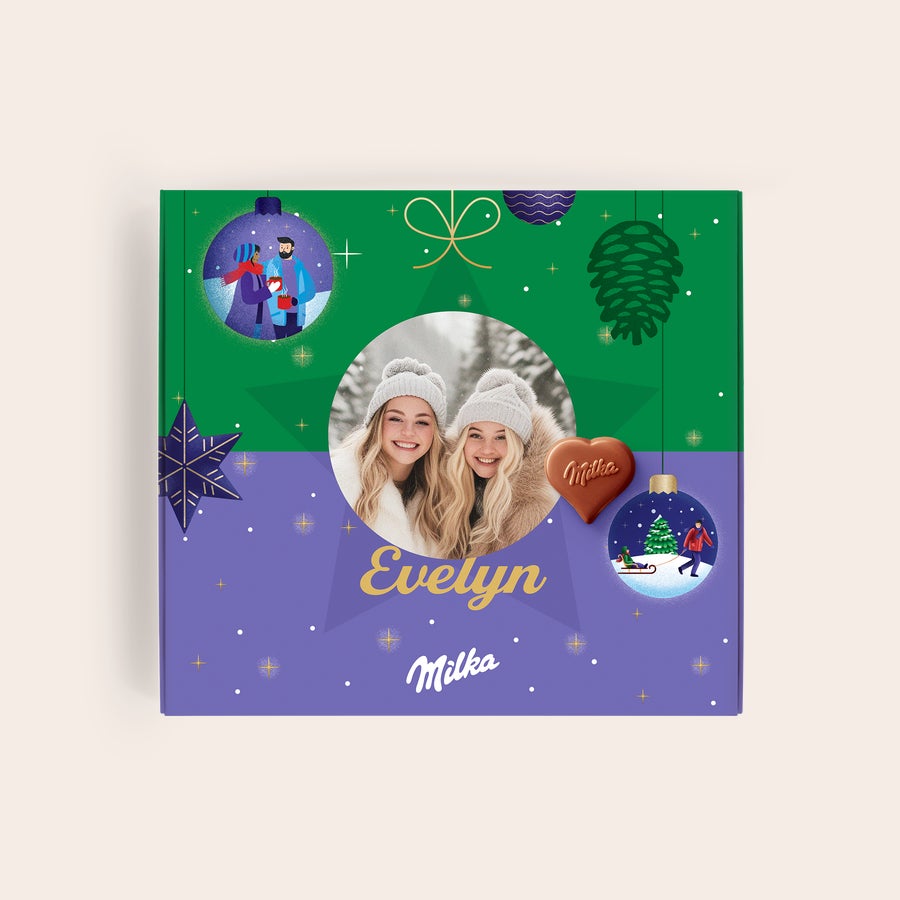 Milka Pralinky Vánoce Osobně tištěná dárková krabička Milka s fotografií dvou dívek, jménem Evelyn a logem Milka, ideální Řekněte to s Milkou během prázdnin
