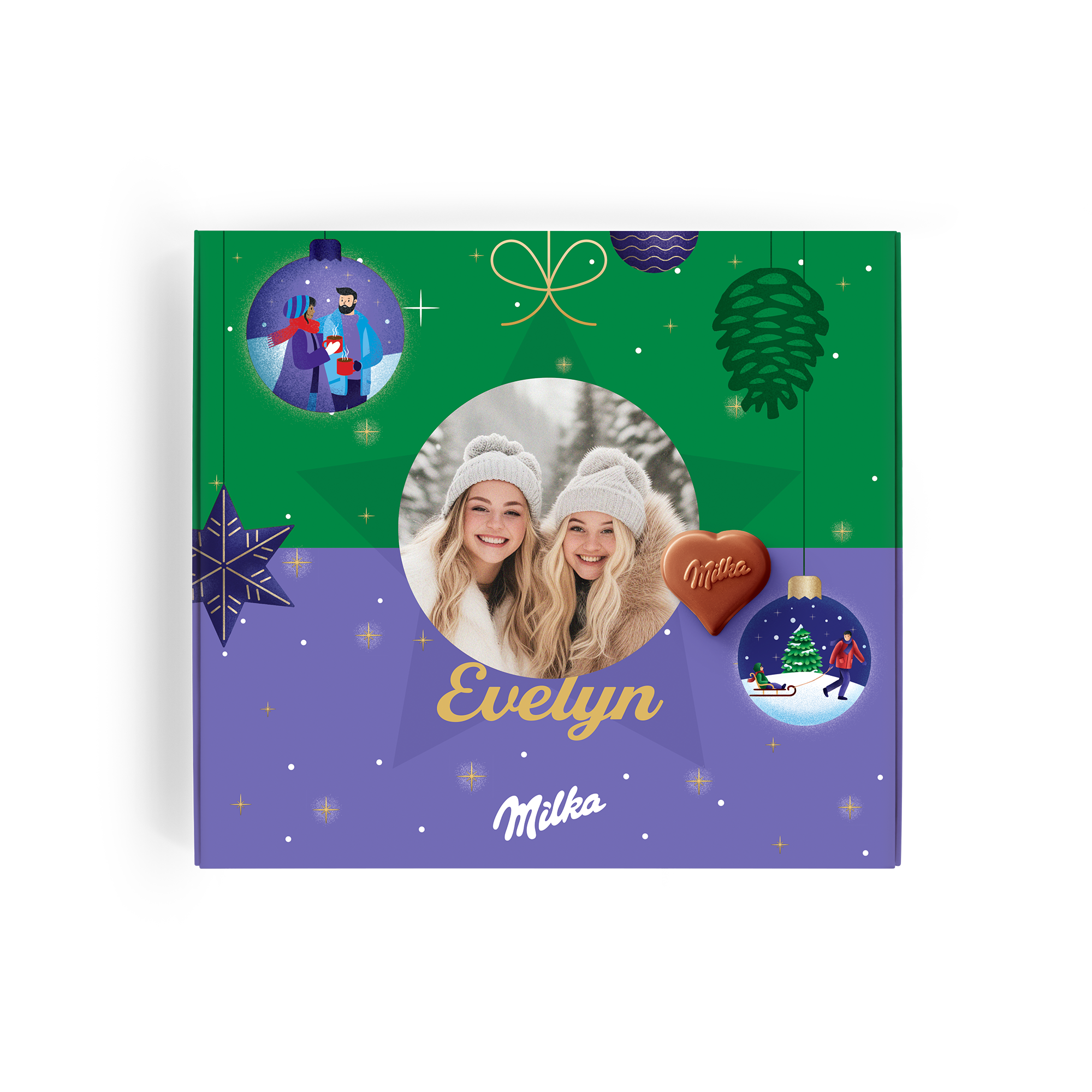 Confezione regalo personalizzata con stampa Say it with Milka per festività natalizie con foto e nome Evelyn