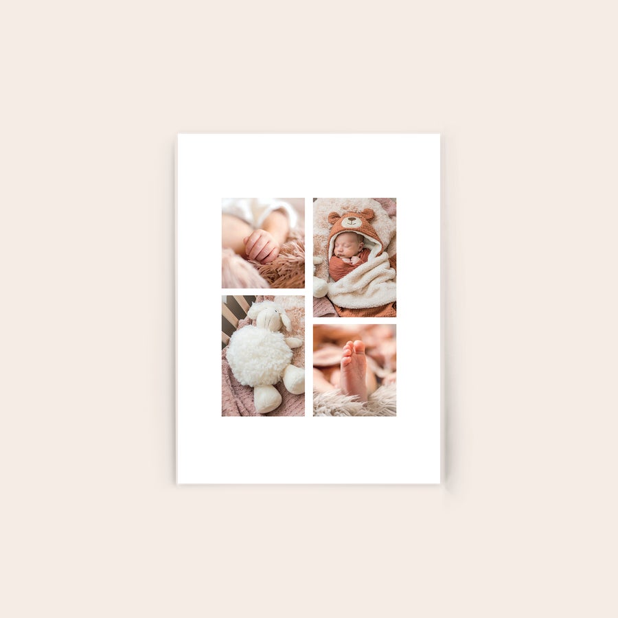 Foto auf Acrylglas Acrylglasbild mit 4 Fotos vom Baby gedruckt: Händchen, Baby im Bärenkostüm, Stoffschaf, Füße