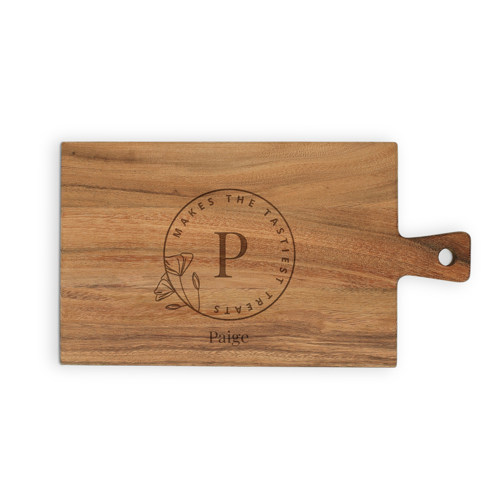 Személyre szabott fa tálalódeszka "Paige" névvel és "P" monogrammal gravírozva virágmintával