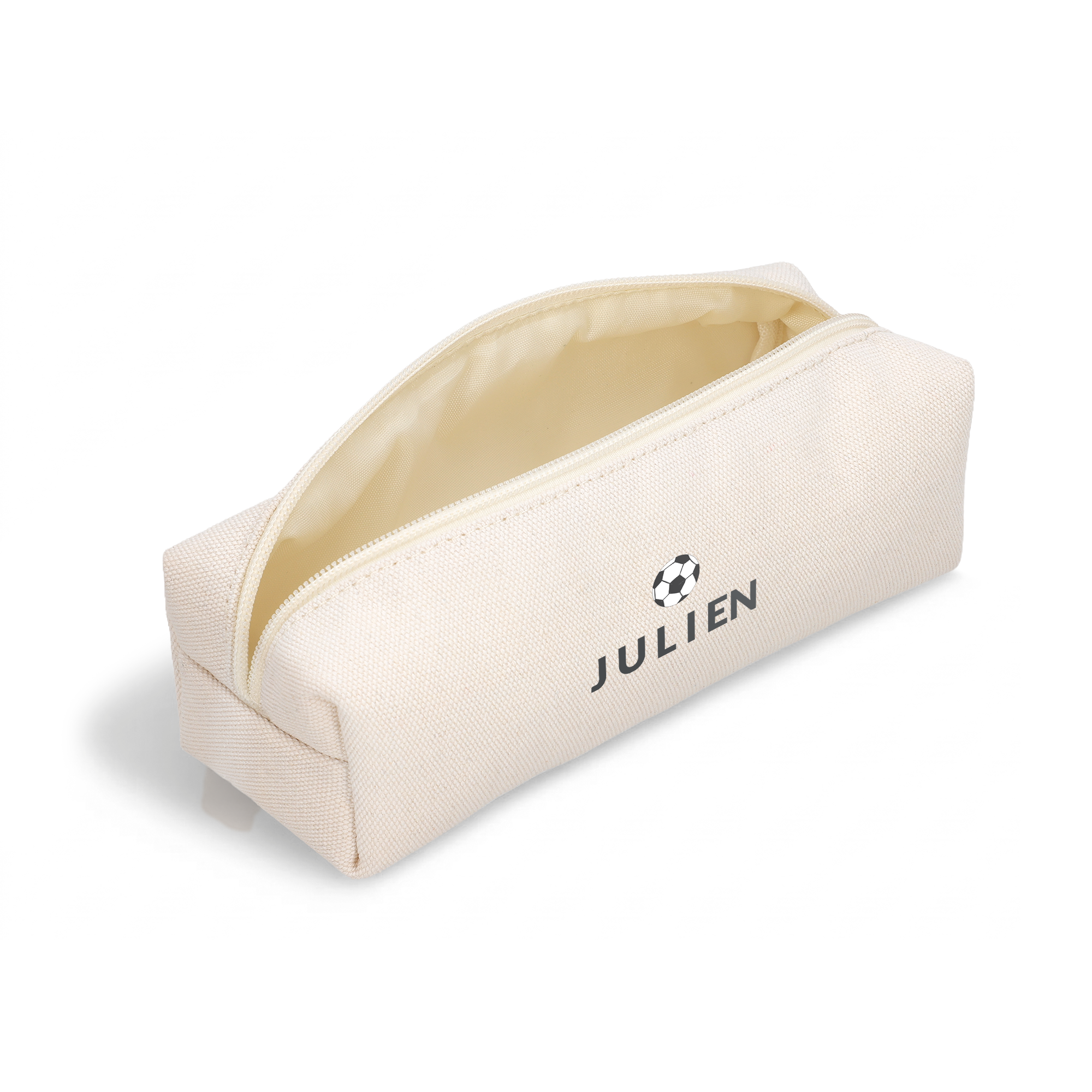 Trousse personnalisée beige avec prénom JULIEN et ballon de foot imprimés
