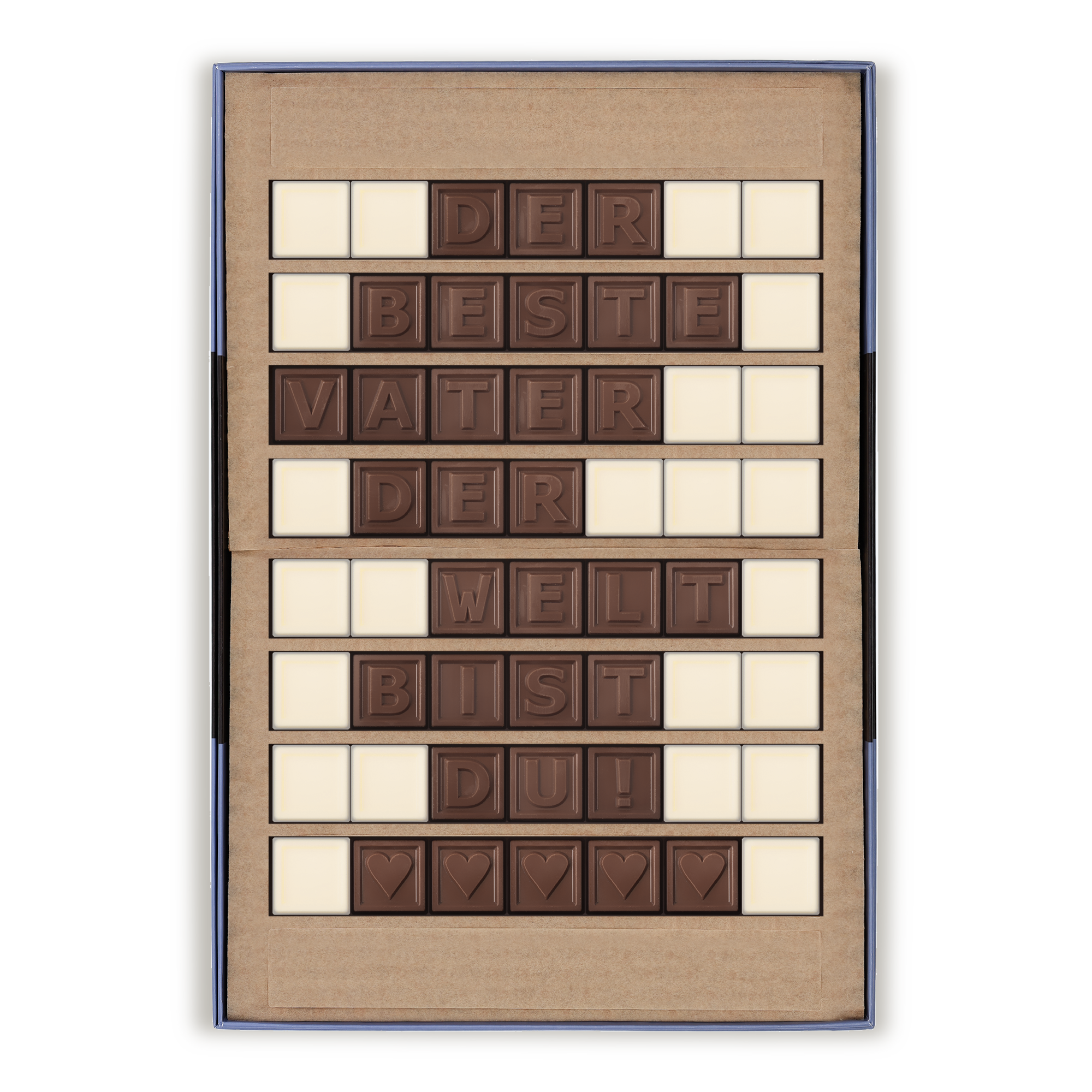 Chocotelegramm mit der Aufschrift "Der beste Vater der Welt bist du!" aus Milch- und weißer Schokolade als persönliche Nachricht