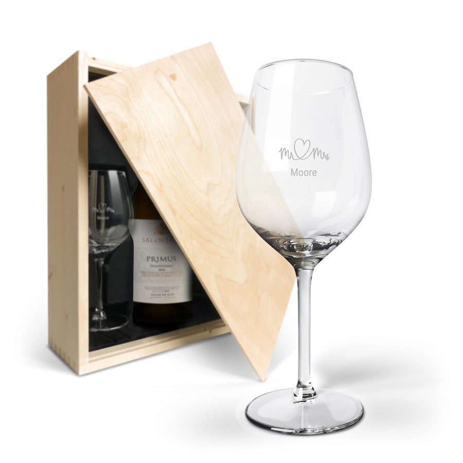 Vin gåva uppsättning med glas - Salentein Primus Chardonnay - Graverat glas