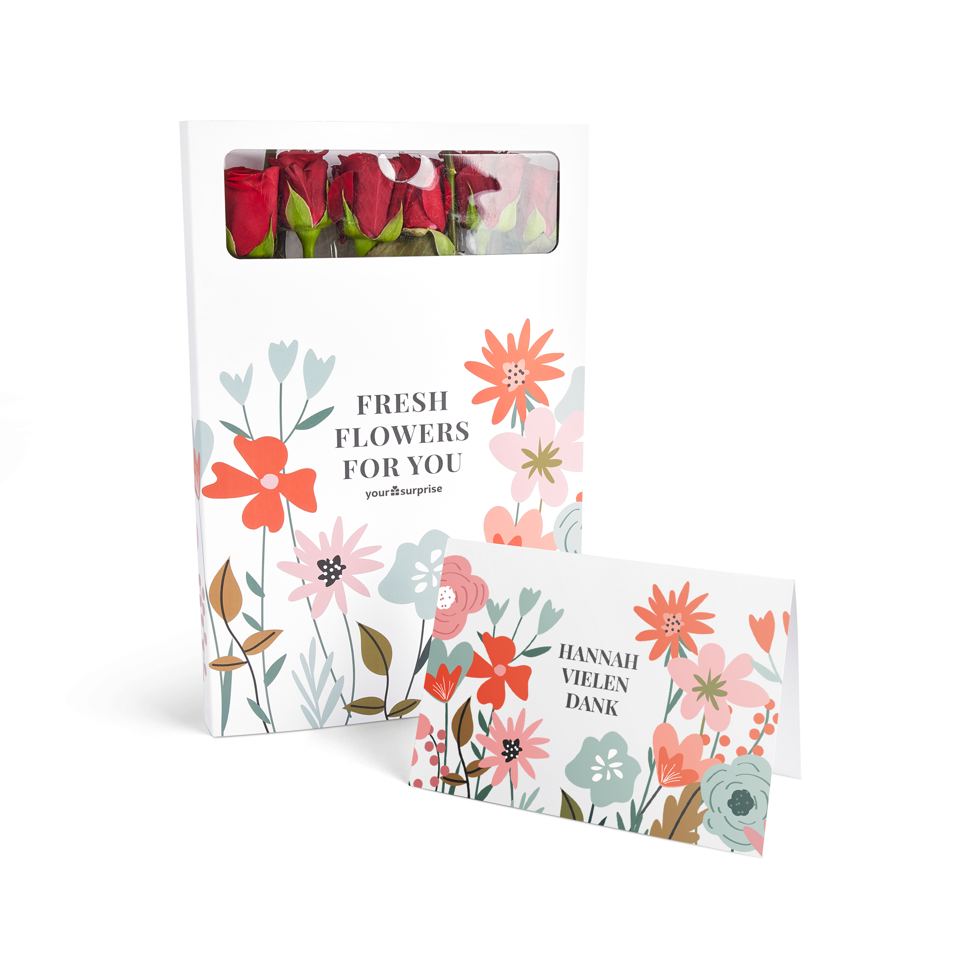 Briefkastenblumen mit roten Rosen in einer personalisierten Box und Grußkarte mit dem Namen Hannah und "Vielen Dank"