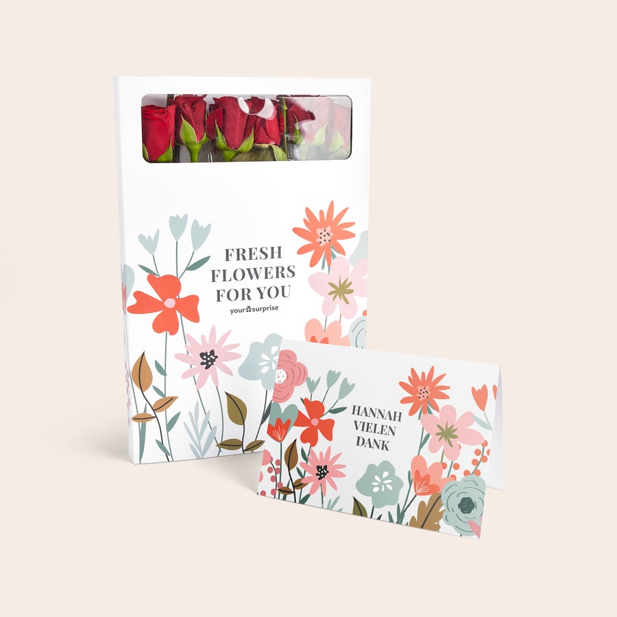 Briefkastenrosen Briefkastenblumen mit roten Rosen in einer personalisierten Box und Grußkarte mit dem Namen Hannah und "Vielen Dank"