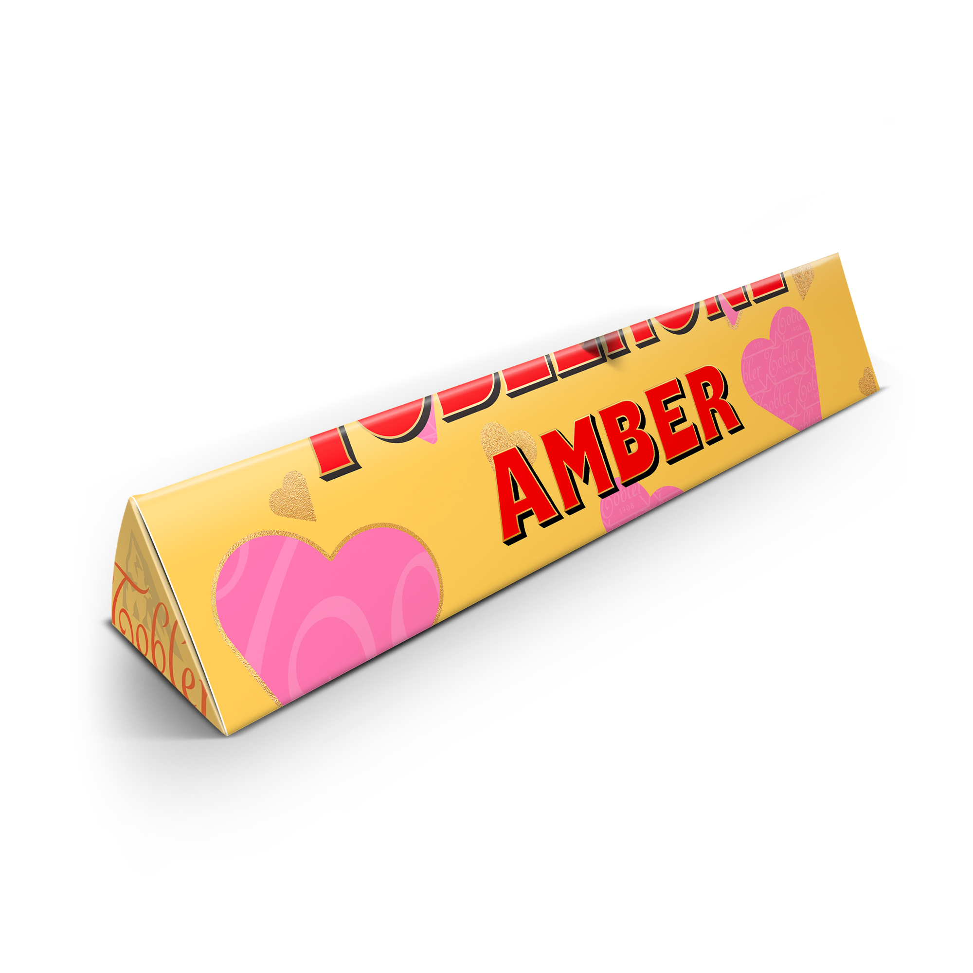 Gepersonaliseerde Toblerone reep met de naam Amber en roze harten, bedrukt met een romantisch ontwerp.