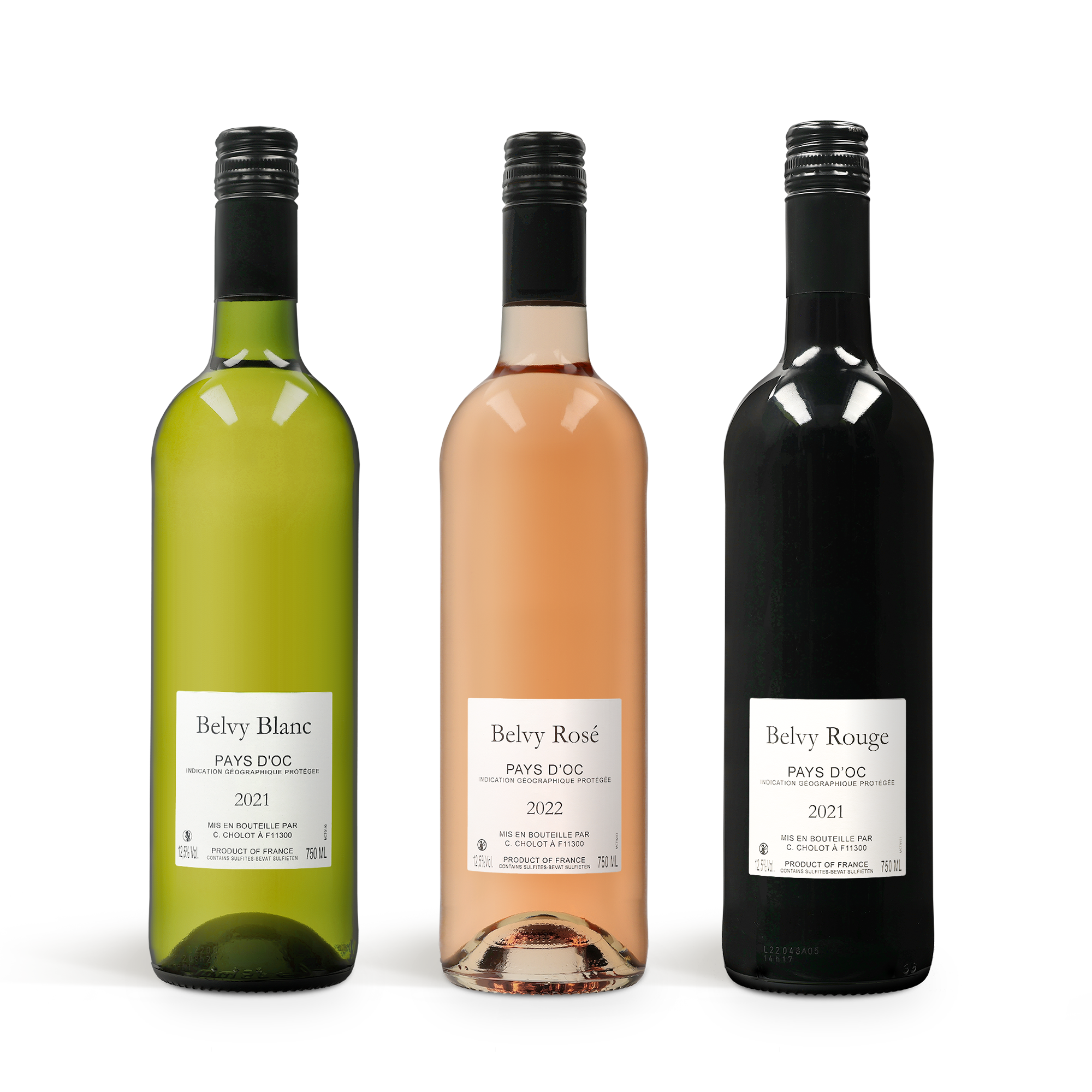 Trei sticle de vin Belvy, roșu, alb și rosé, perfecte pentru un set de cadouri pentru vin personalizat cu o fotografie, nume sau text.