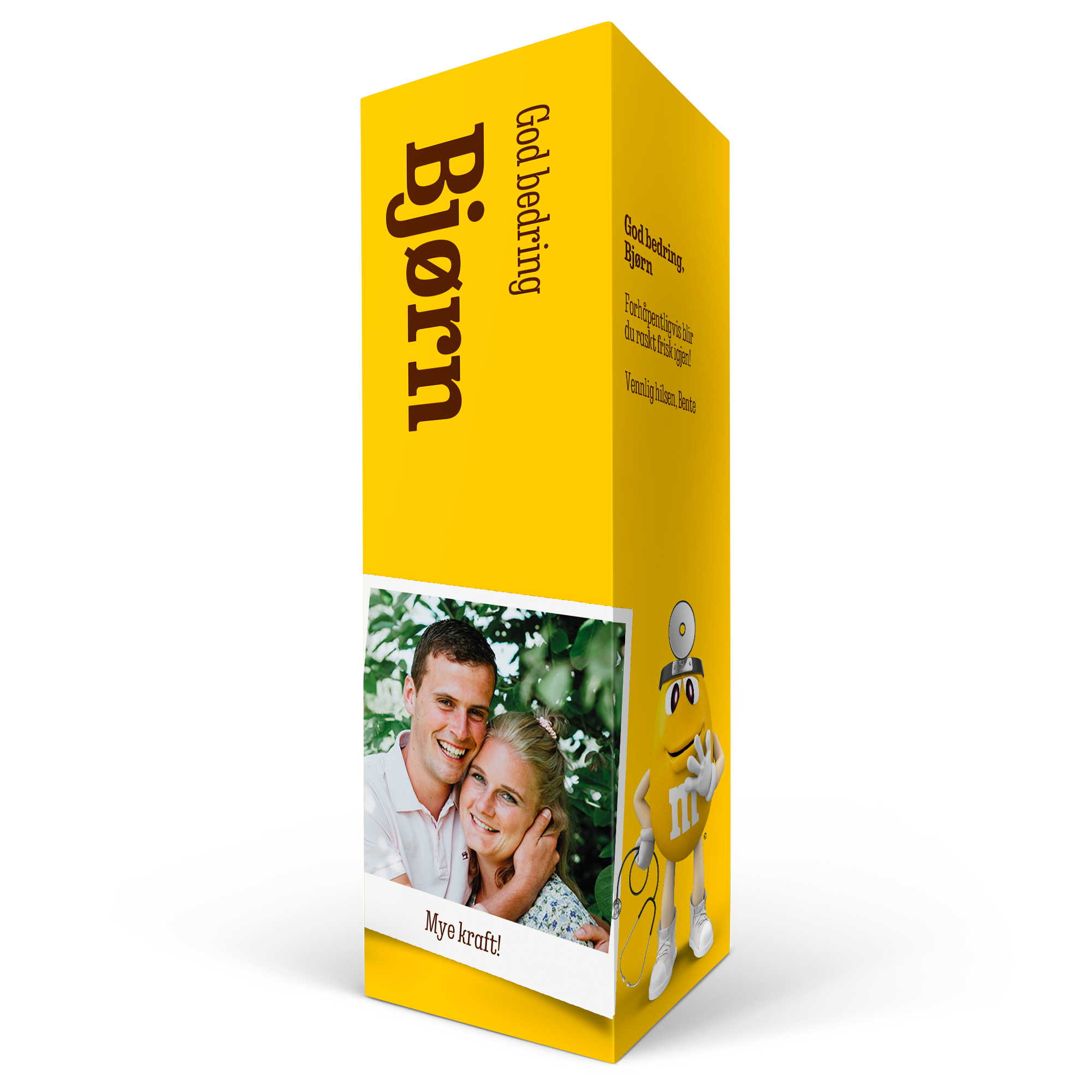 En personlig tilpasset M&M's-gaveeske med et bilde av et par, trykt med teksten 