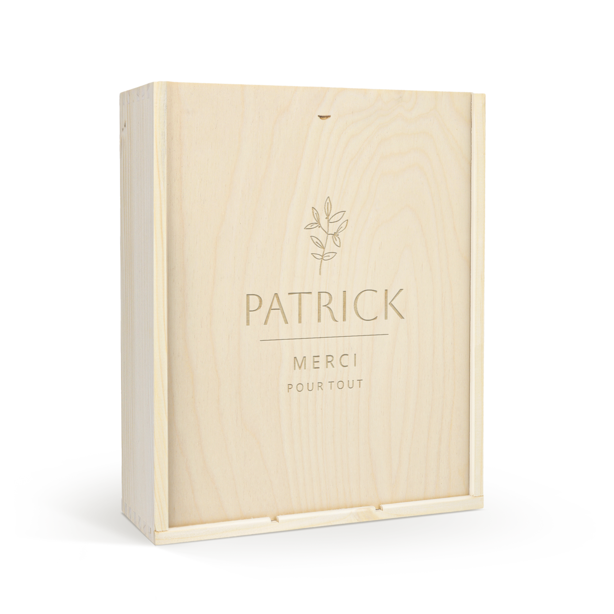 Coffret en bois gravé avec un motif feuille et le prénom PATRICK comme cadeau mousseux