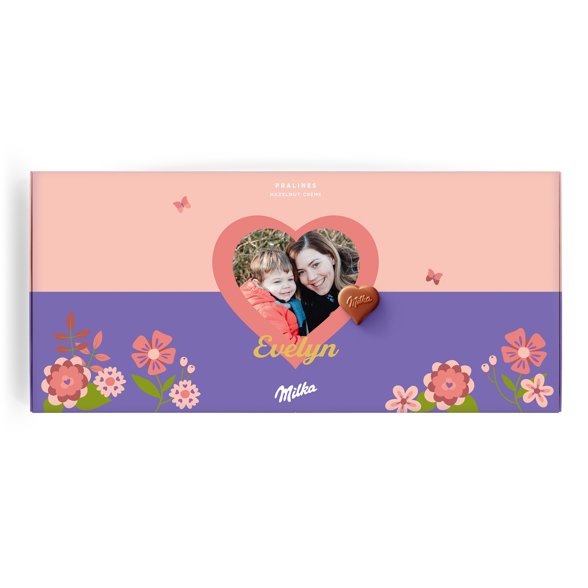 Cutie cadou personalizată Spune-o cu ciocolată Milka, imprimată cu fotografie mamă și copil și numele Evelyn