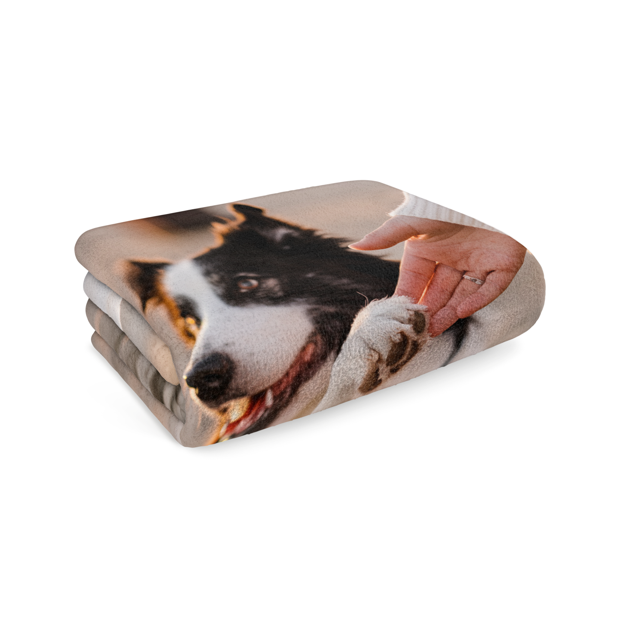 Personalized fleece photo blanket printed with a husky and a hand holding its paw