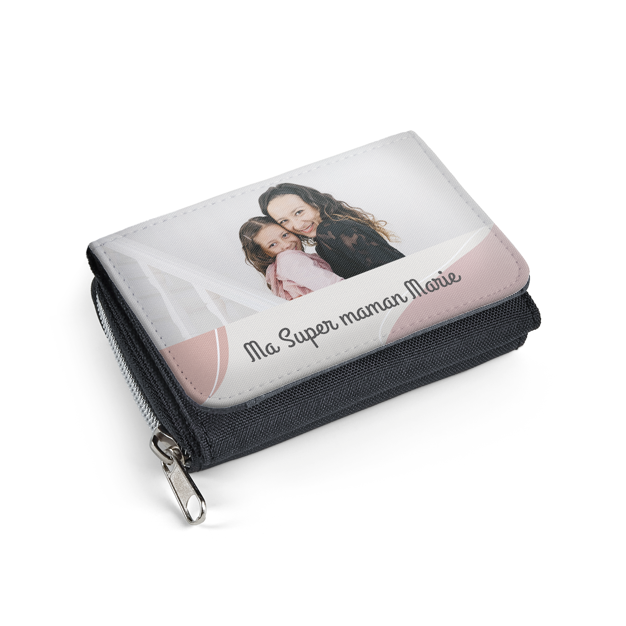 Portefeuille gris clair et foncé personnalisé avec une photo et le texte Ma Super maman Marie