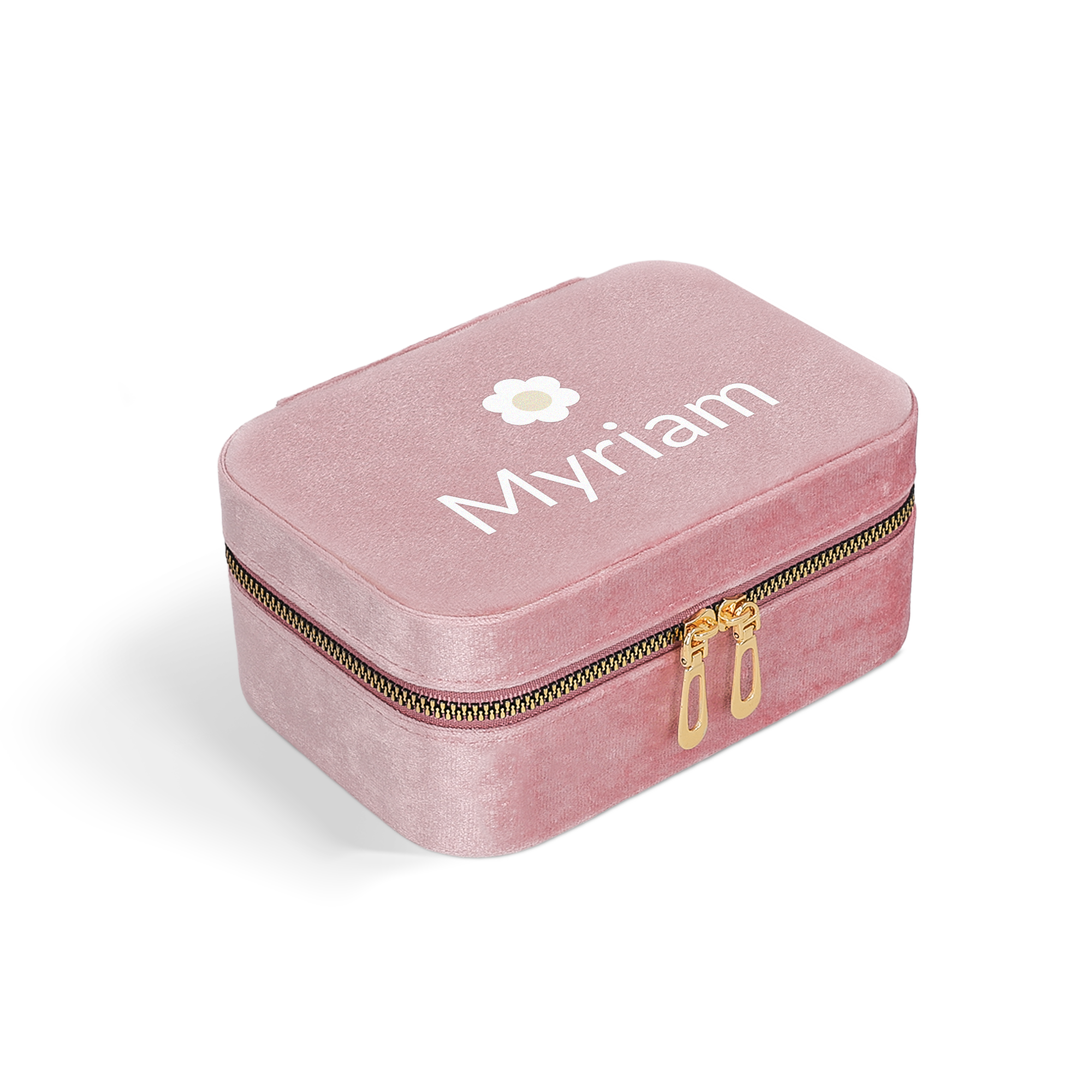 Boîte à bijoux personnalisée prénom - Rectangulaire - Rose avec le nom Myriam imprimé en blanc et une fleur