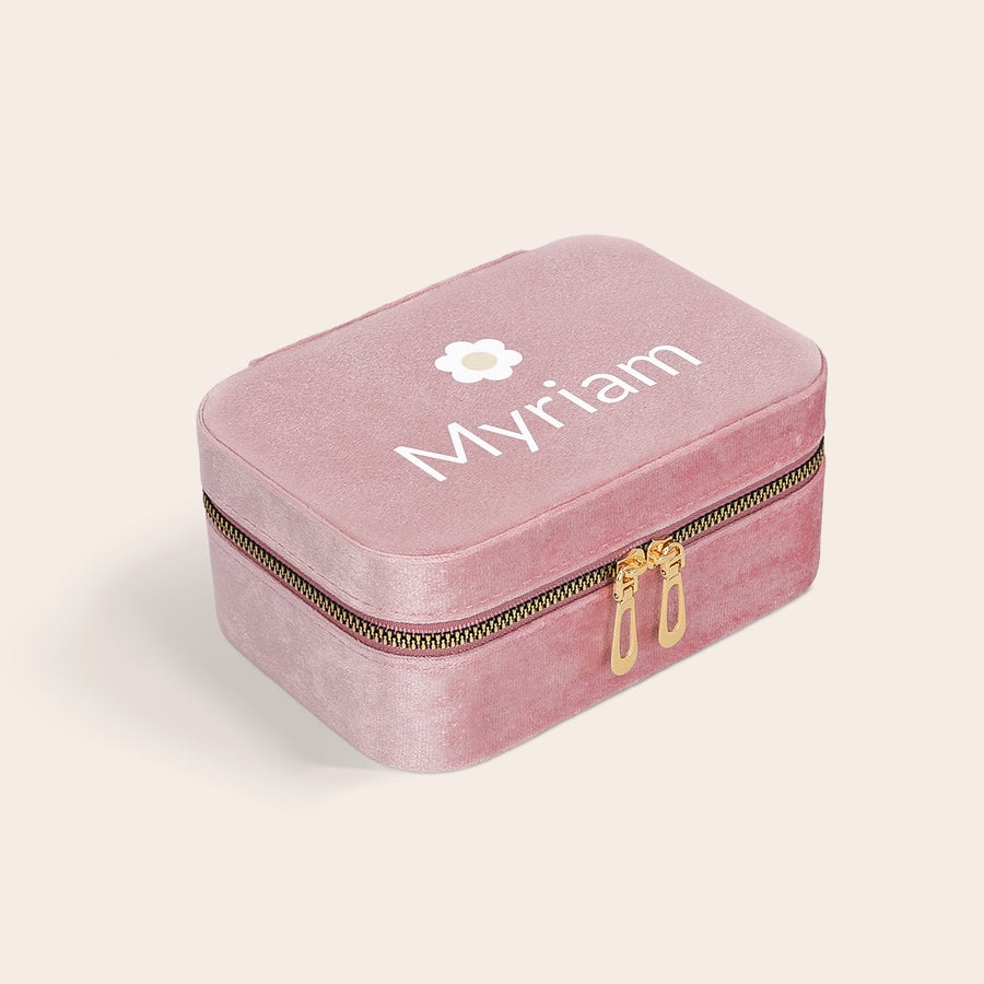 Boîte à bijoux personnalisée prénom Boîte à bijoux personnalisée prénom - Rectangulaire - Rose avec le nom Myriam imprimé en blanc et une fleur