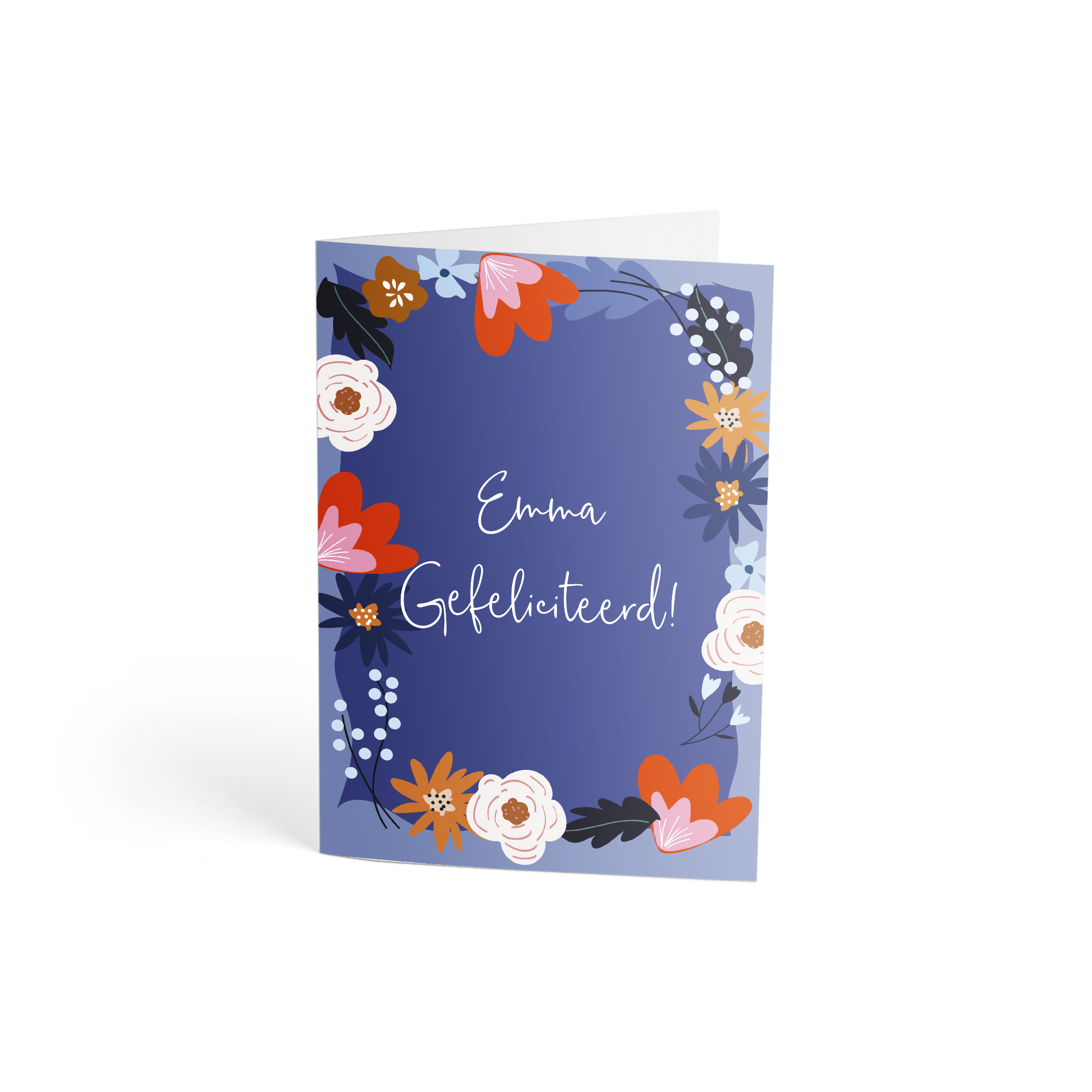 Personalized greeting card with a colorful floral border and the text Emma Gefeliciteerd! printed on it.