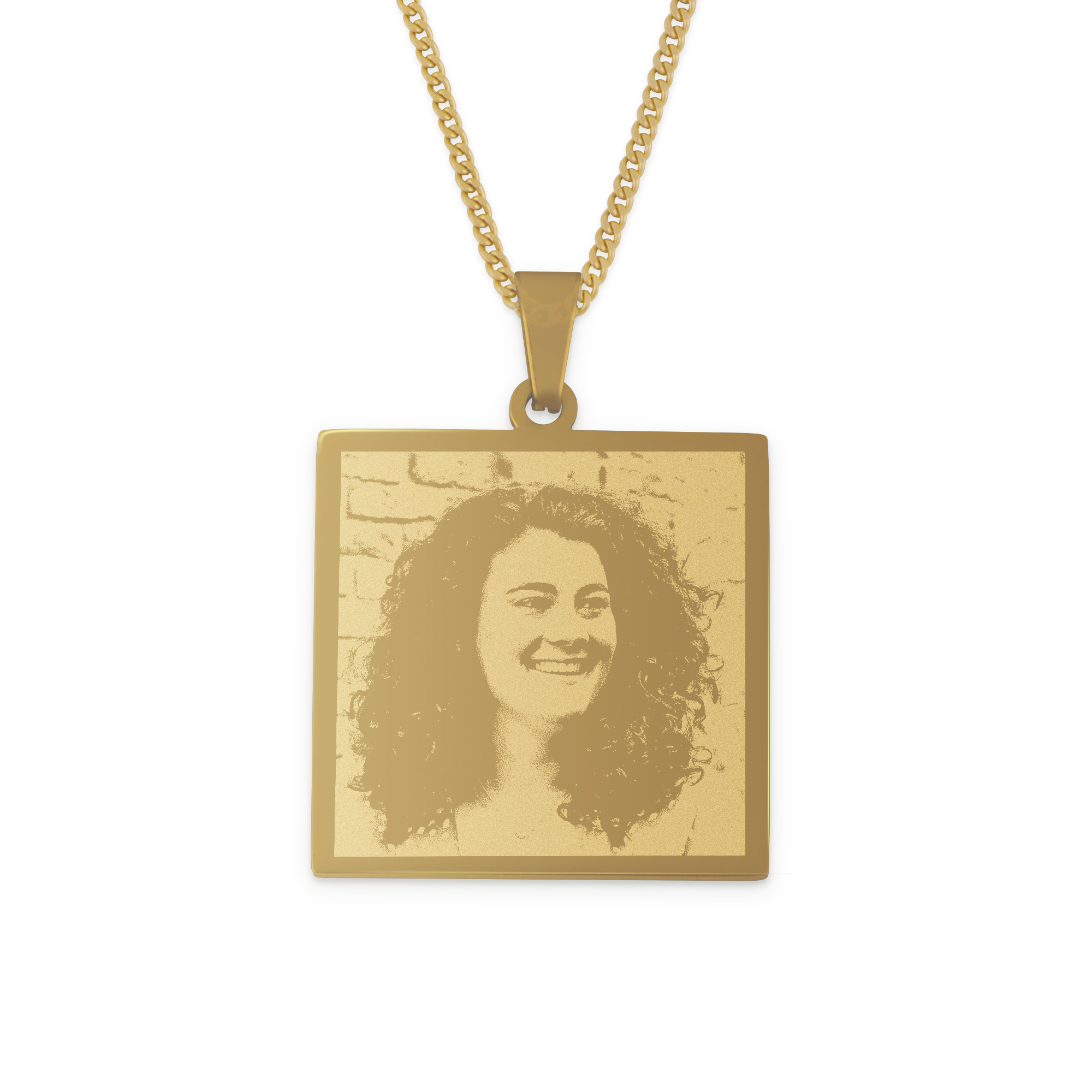 Goudkleurige hanger met gegraveerde foto van een lachende vrouw. Deze unieke goudkleurige hanger met foto is een hartverwarmend cadeau.