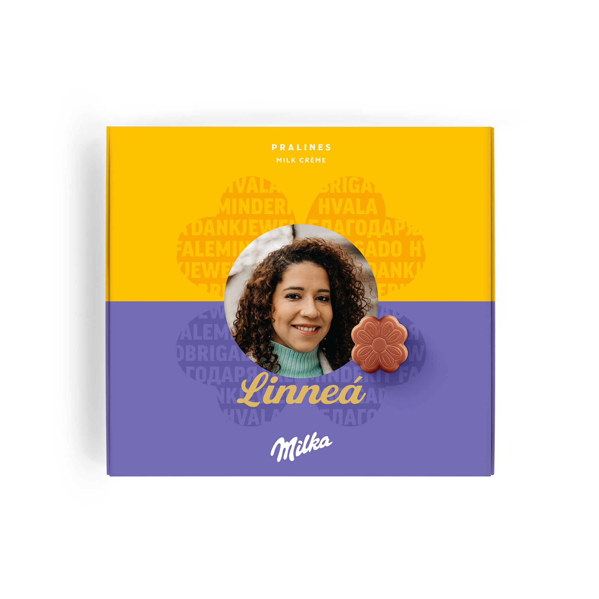 Säg det med Milka chokladbox med tryckt foto av Linnea, tacktext och Milka-logga
