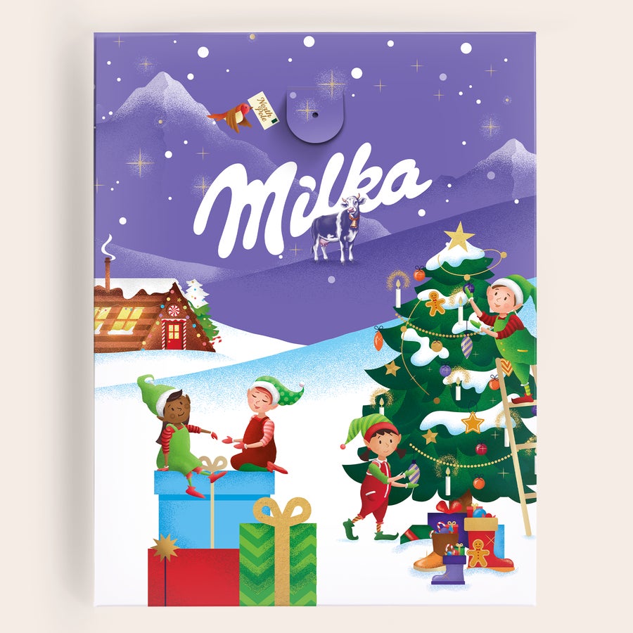 Calendar de advent personalizat Milka Favourites Calendar de advent personalizat Milka, imprimat cu o fotografie sau un nume, cu peisaj de iarnă și elfi. Numără invers până la Crăciun cu acest calendar personalizat de advent.