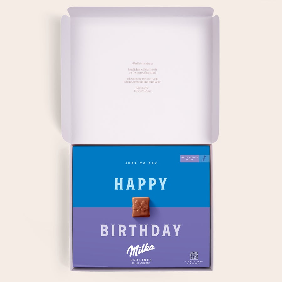 Milka Happy Birthday Personalisierte Milka Geschenkbox mit Geburtstagsmotiv, bedruckt mit der Nachricht "Alles Gute zum Geburtstag!"