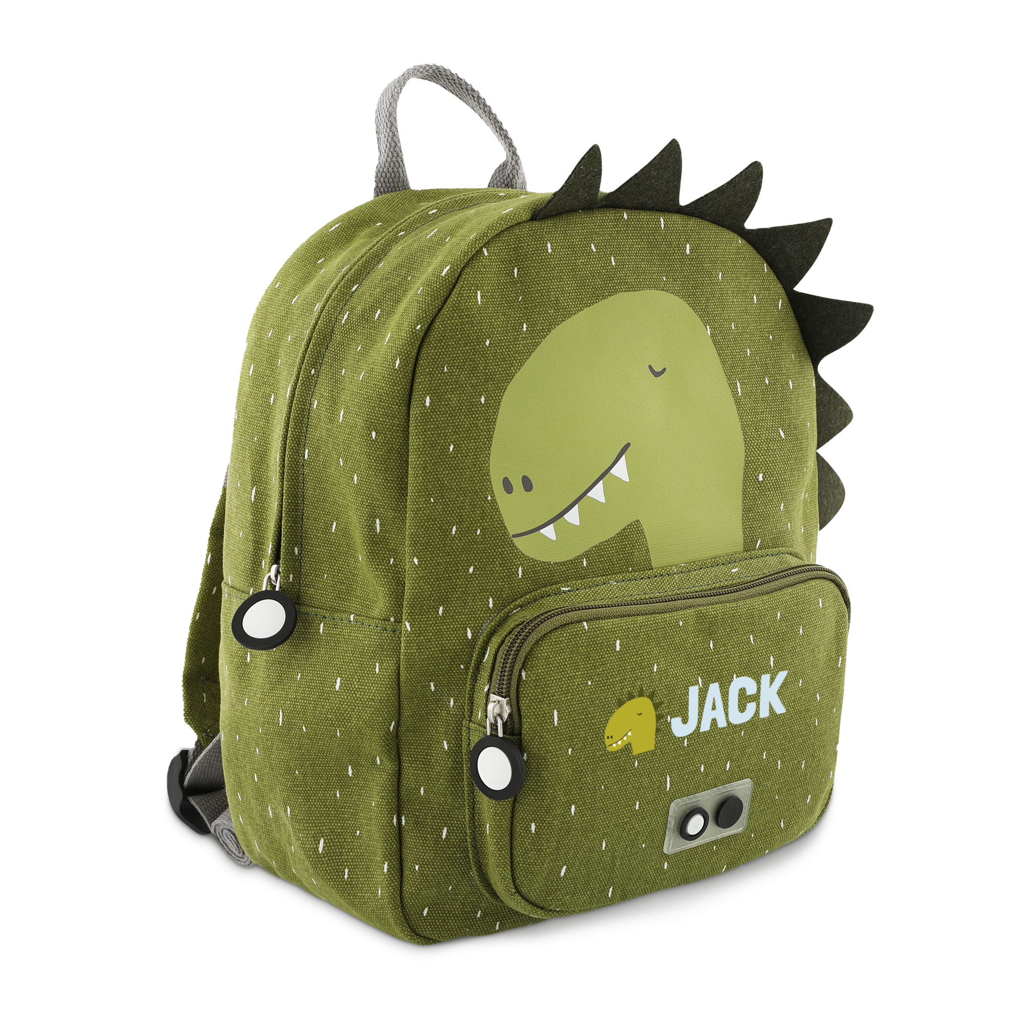Mochila infantil verde con estampado de dinosaurio, puntitos blancos y nombre "JACK" personalizado impreso.