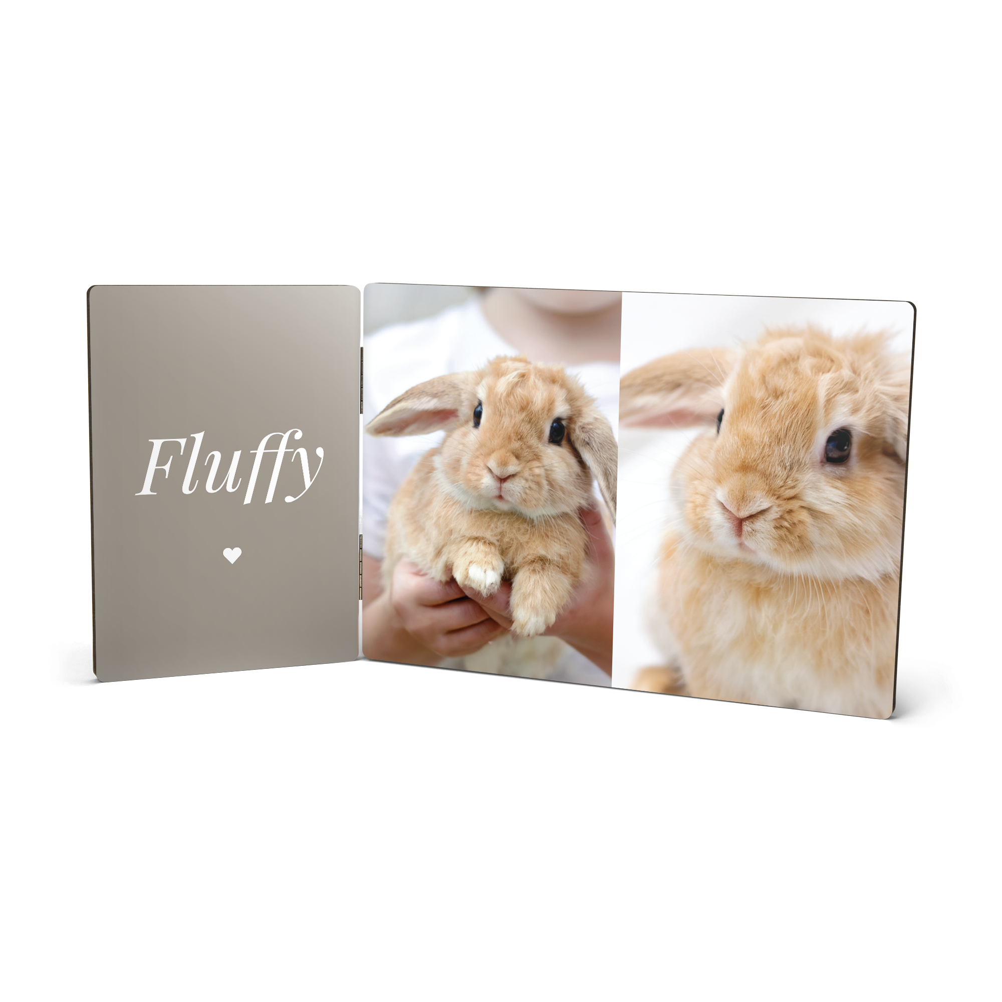 Téglalap alakú, csuklós fényképkeret Fluffy szöveggel és szívvel, személyre szabott fényképével egy kis nyúlról, Meglepetés ajándékba.