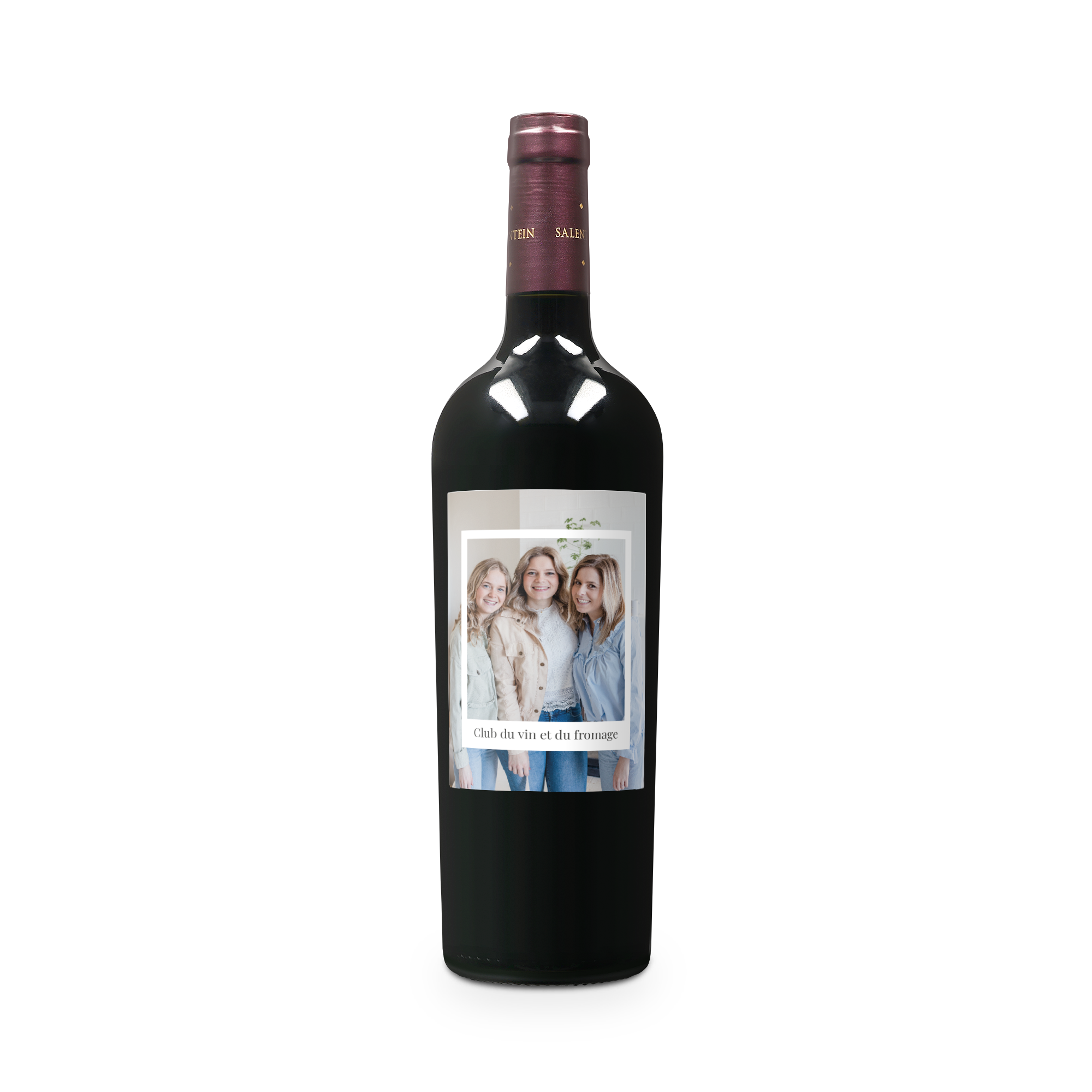 Bouteille de vin Salentein Merlot avec étiquette personnalisée, imprimée d'une photo et texte Club du vin et du fromage.