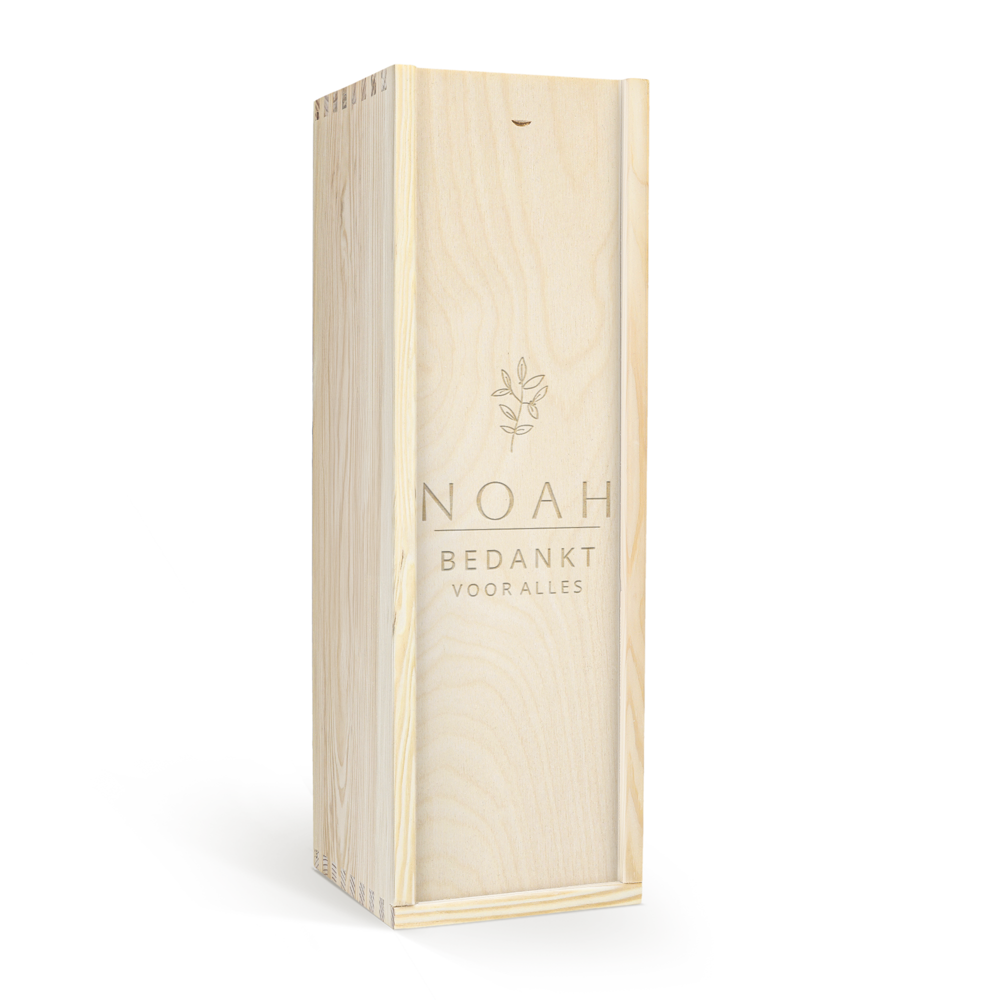 Cassetta di legno incisa con design a foglie, nome "NOAH" e testo "BEDANKT VOOR ALLES" per Regala un Ramon Bilbao in Cassetta di Legno Incisa
