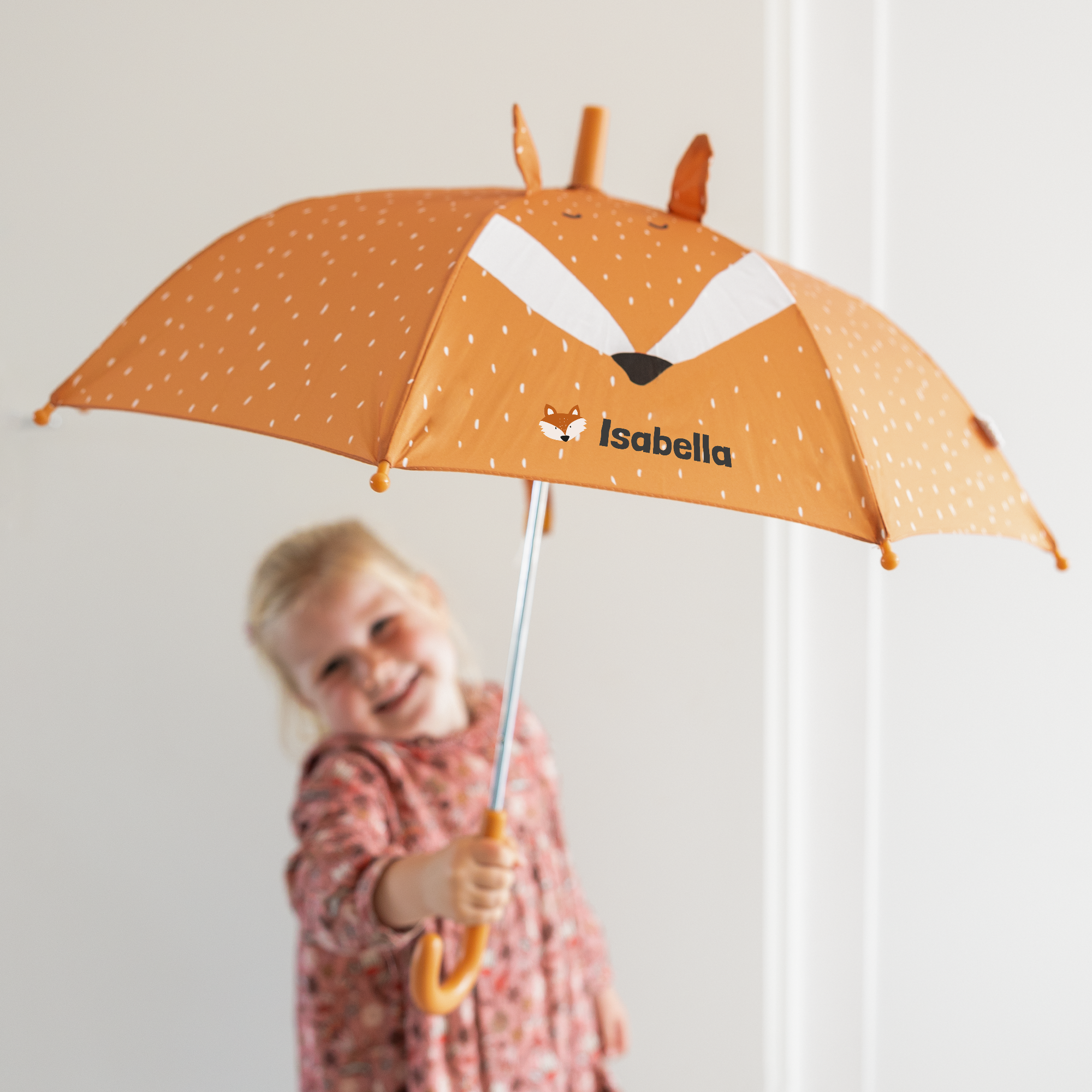 Pomarańczowy parasol dla zwierząt z motywem lisa, nadrukowane imię Isabella