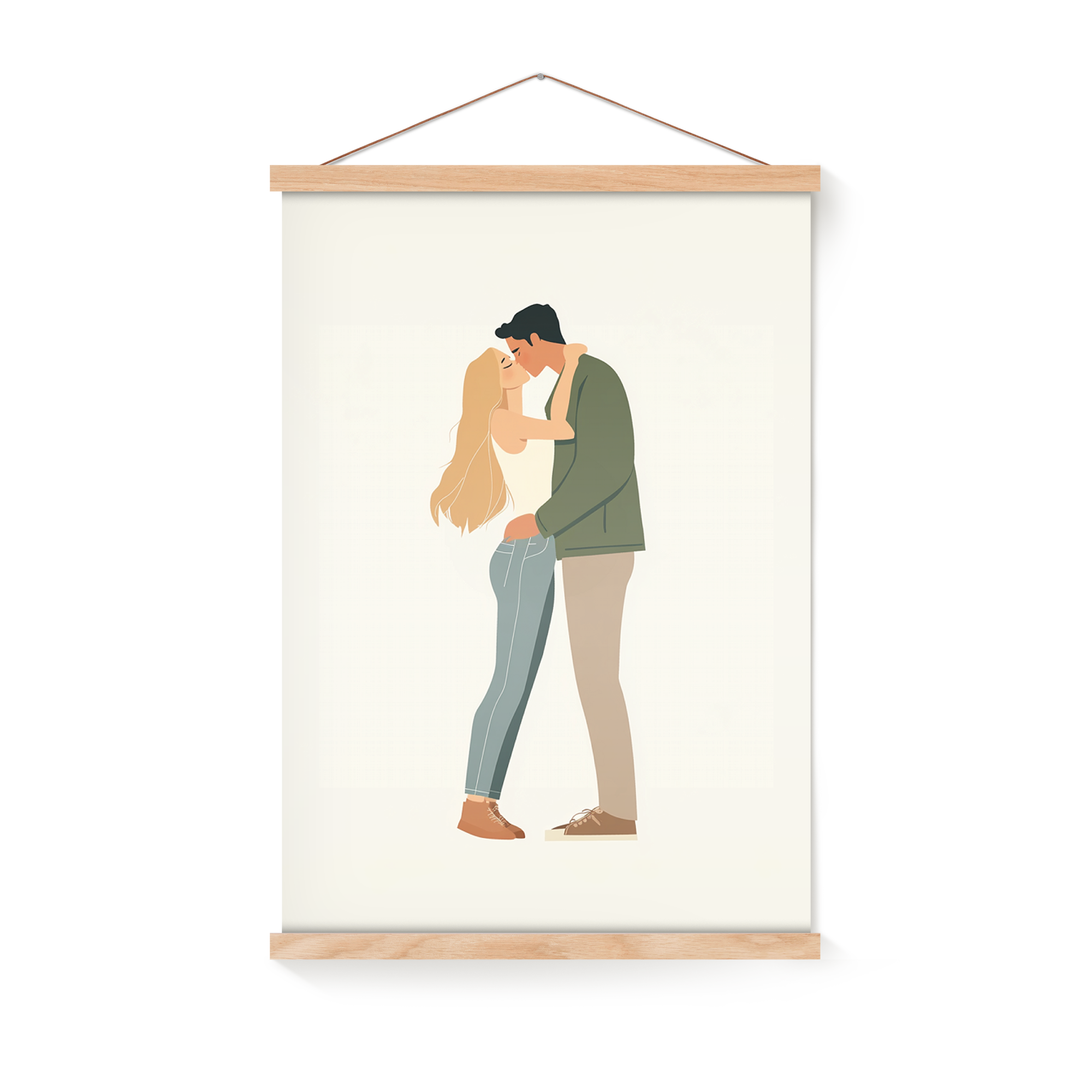 Póster personalizado con una ilustración de una pareja besándose, impreso en alta calidad, sujetado con un colgador magnético de madera.