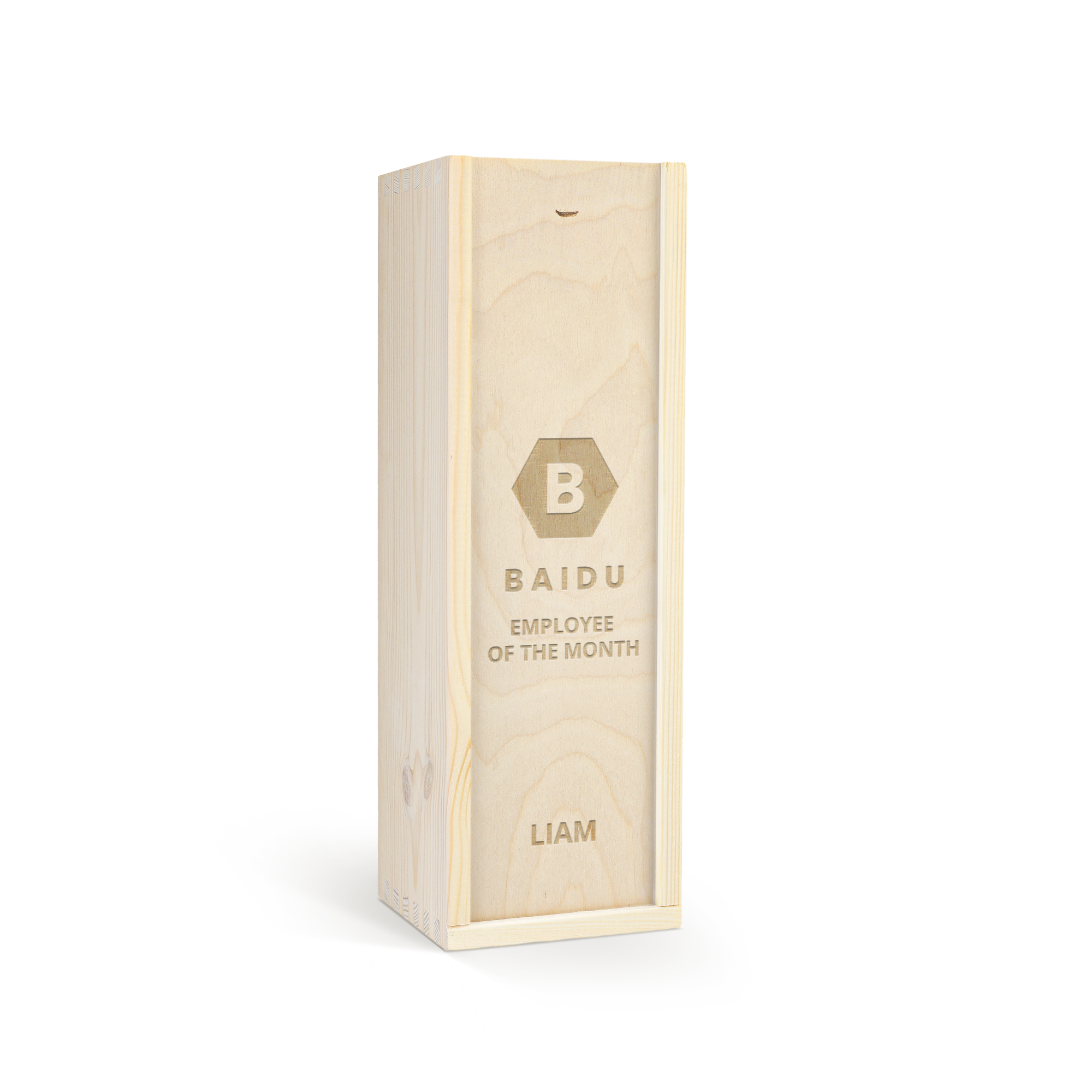 Caja de vino de madera personalizada con diseño grabado, logotipo de "BAIDU" y "EMPLOYEE OF THE MONTH", nombre "LIAM".