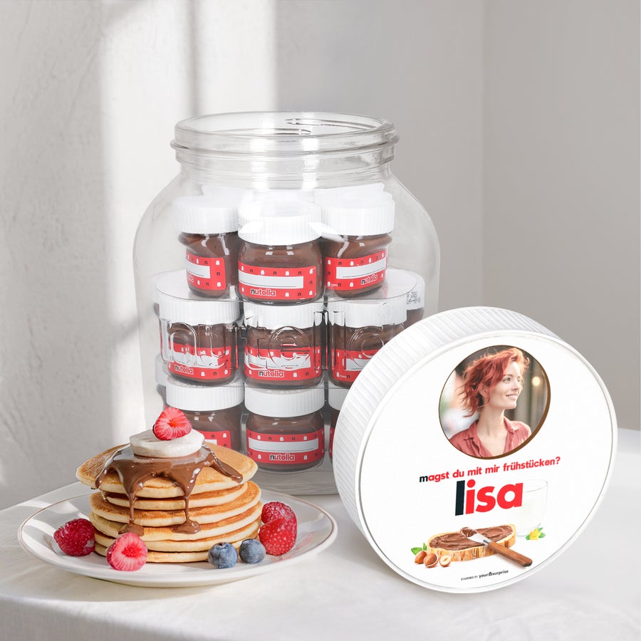 Personalisiertes nutella® Glas XL mit Namen und Foto Personalisiertes XL nutella Glas mit 21 Mini-Gläsern, bedruckt mit einem Foto und dem Namen Lisa