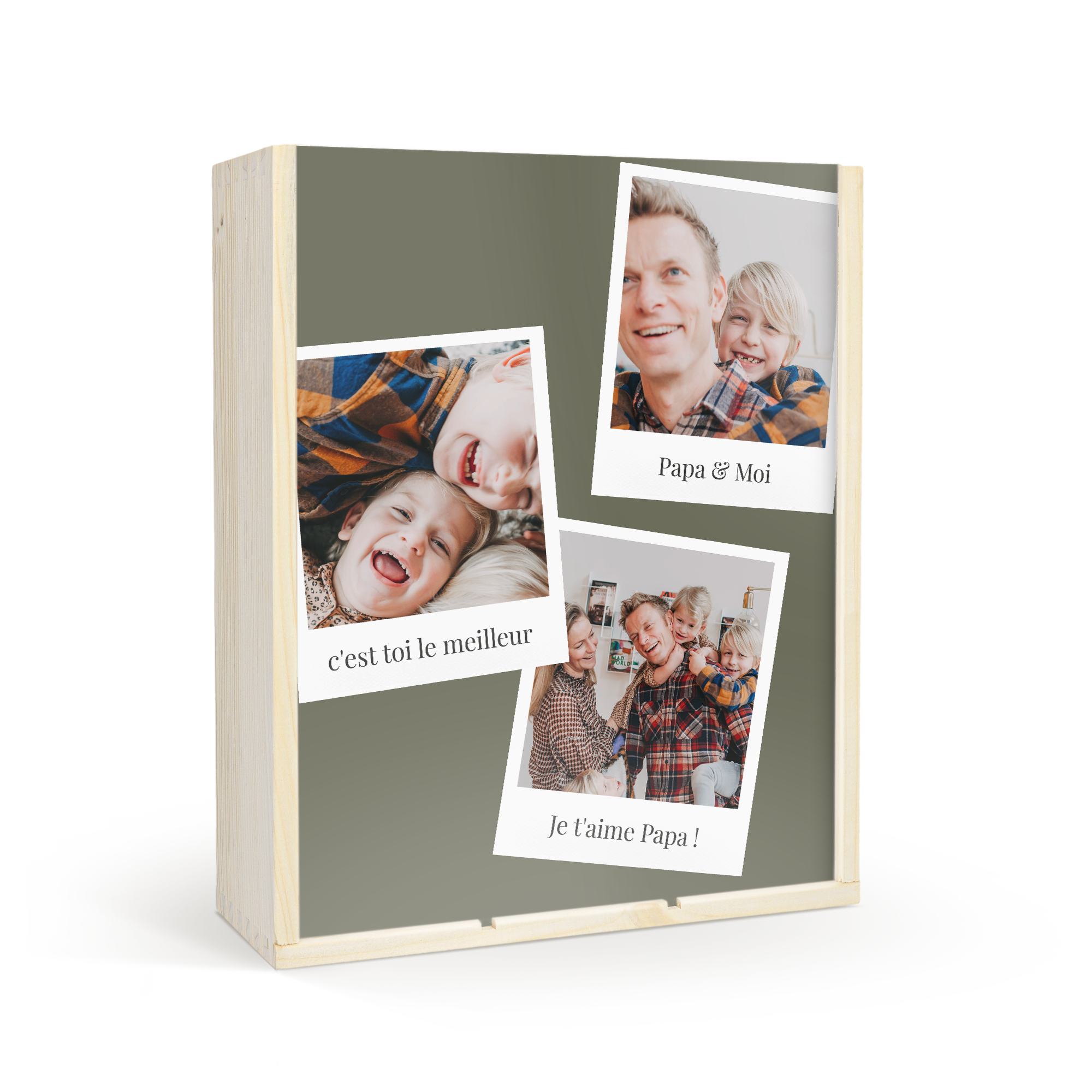 Caisse à vin luxueuse en bois personnalisée avec trois photos de famille et les textes Papa & Moi, c'est toi le meilleur et Je t'aime Papa !